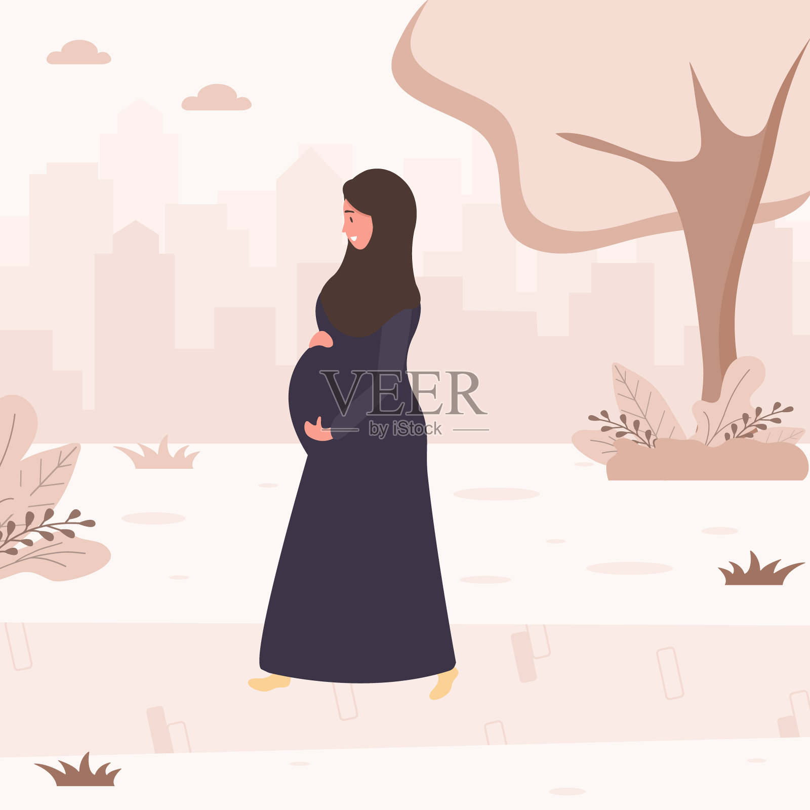 穆斯林孕妇穿着阿拉伯长袍和头巾走在街上。现代平面风格矢量插图孤立在软背景。插画图片素材