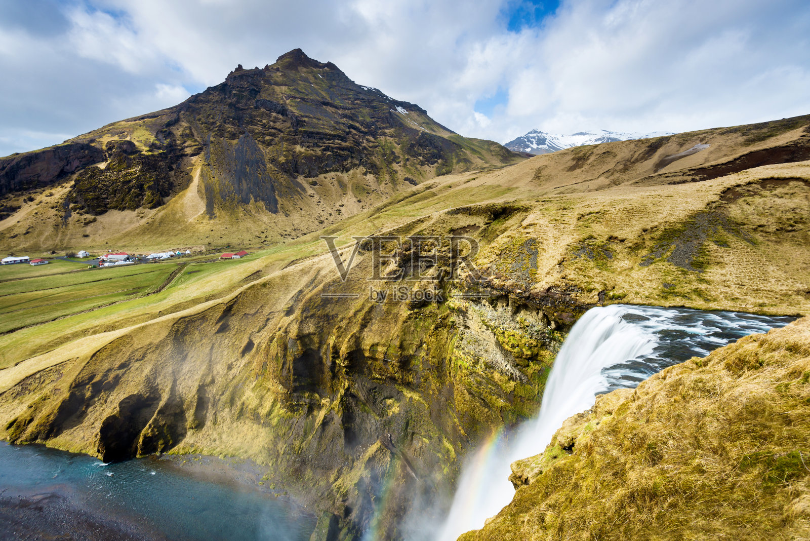 从Skogafoss瀑布顶部的广角视野，冰岛，欧洲照片摄影图片