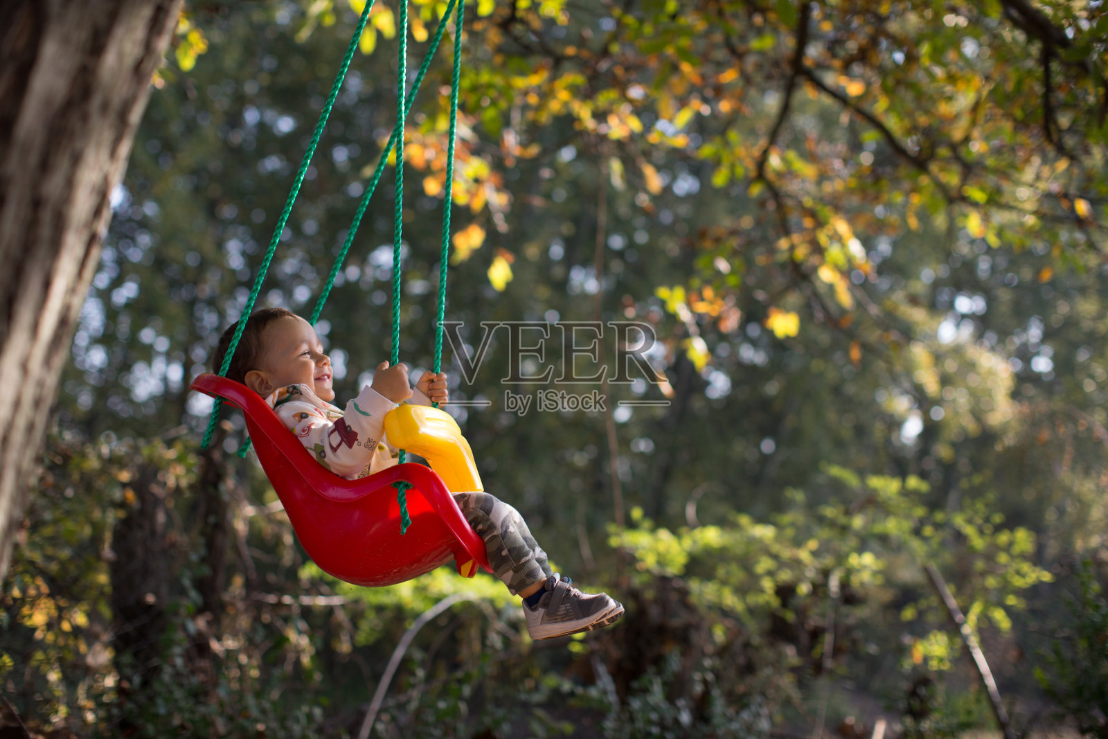 男孩在秋千上放松着，享受着，感受着喜悦照片摄影图片