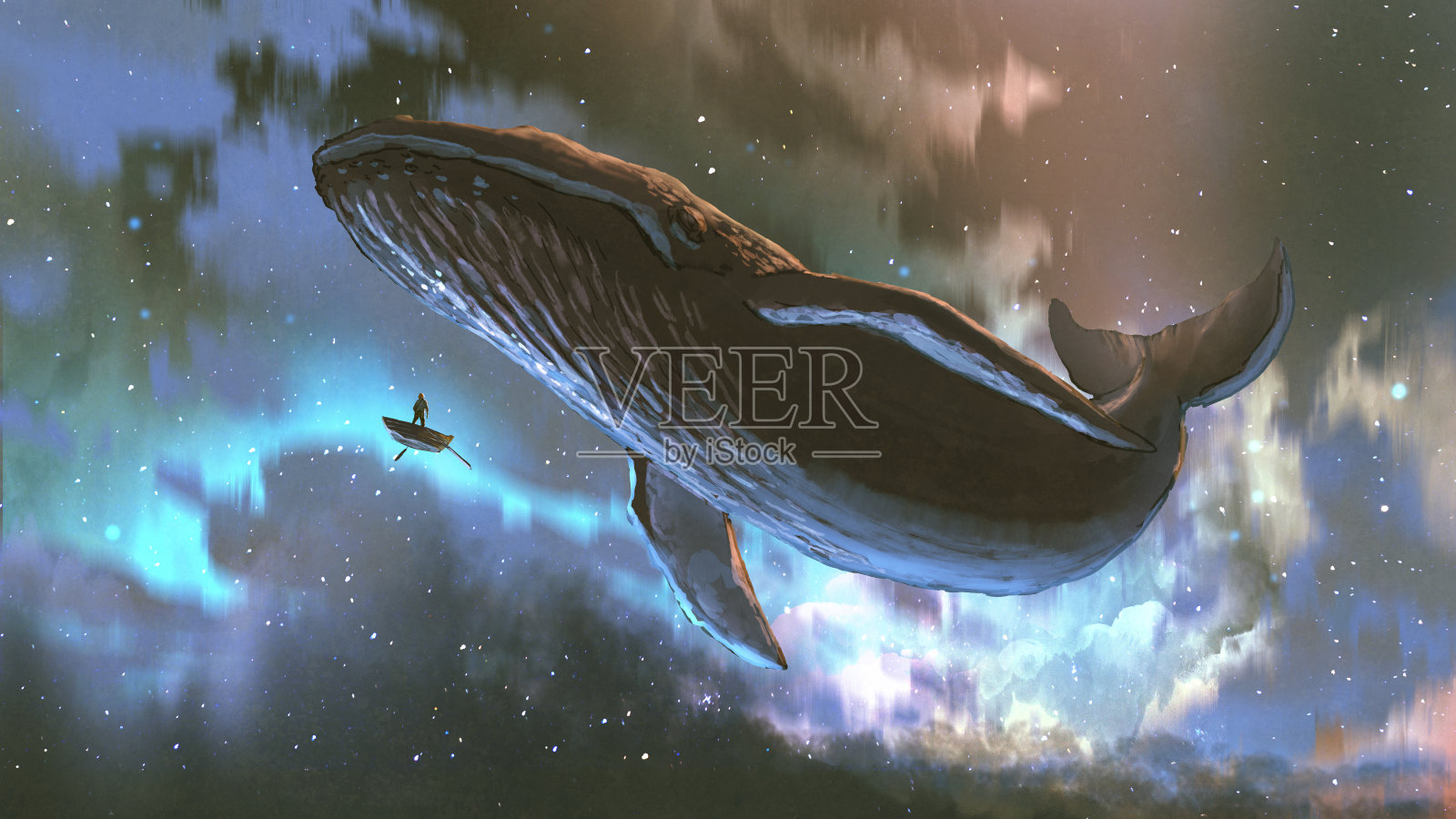 见见外太空漂浮的鲸鱼插画图片素材