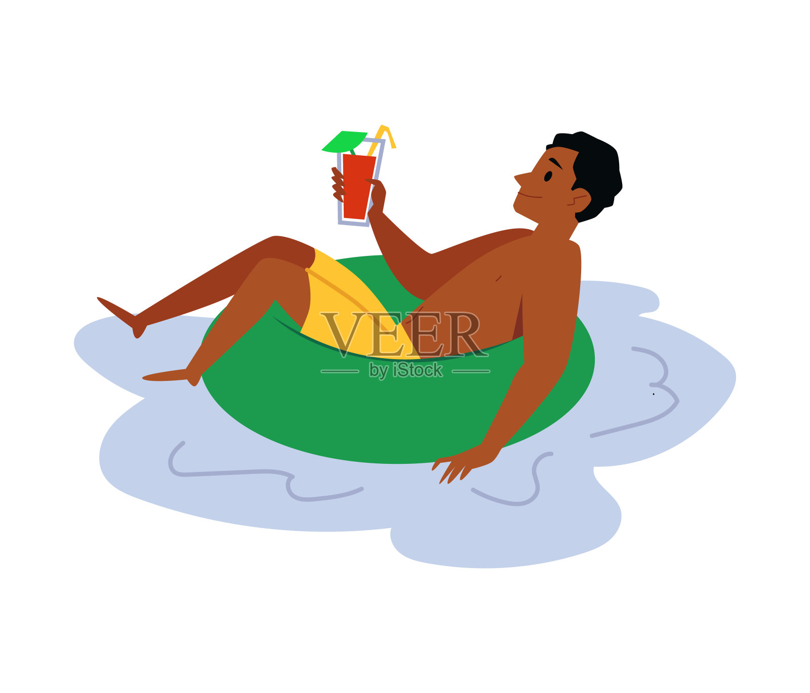 卡通人物在充气环与鸡尾酒饮料漂浮在水中设计元素图片