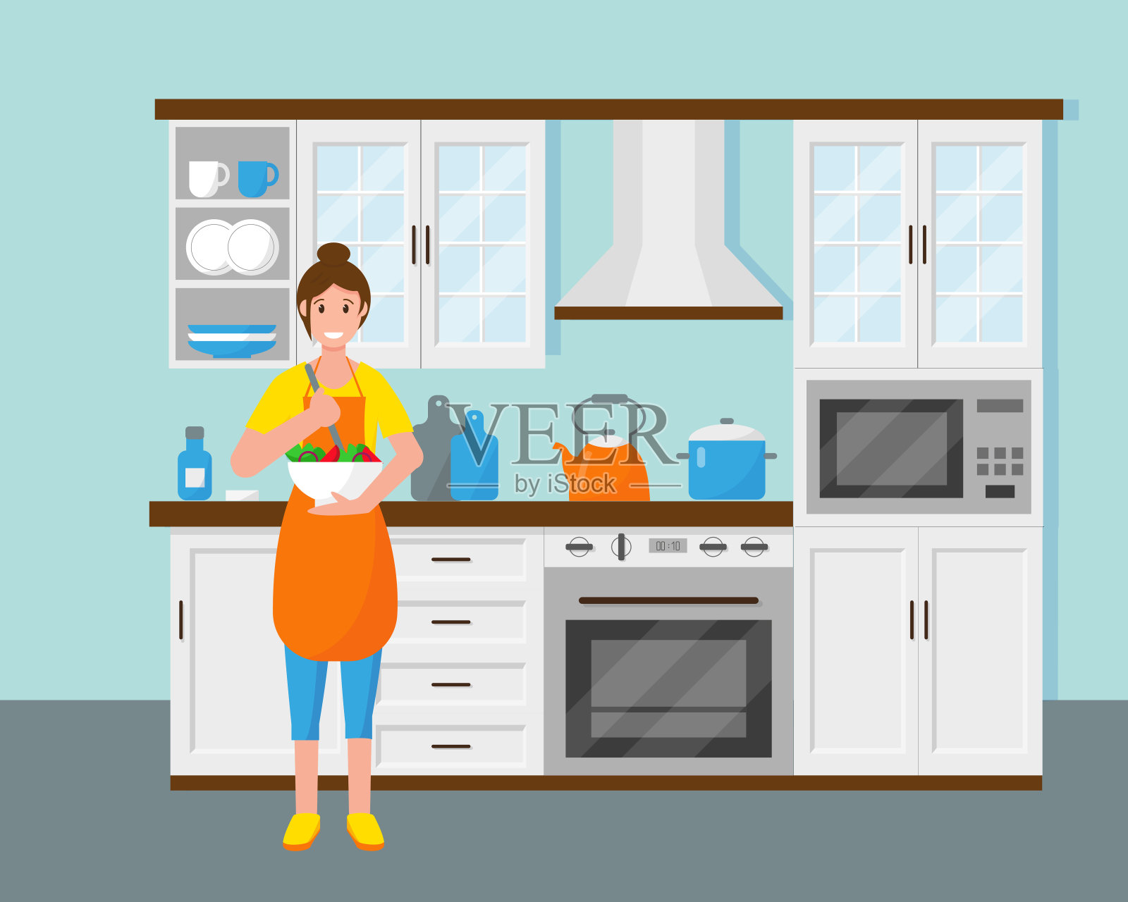 厨房里的女人正在做沙拉。家庭主妇在家。矢量插图。插画图片素材