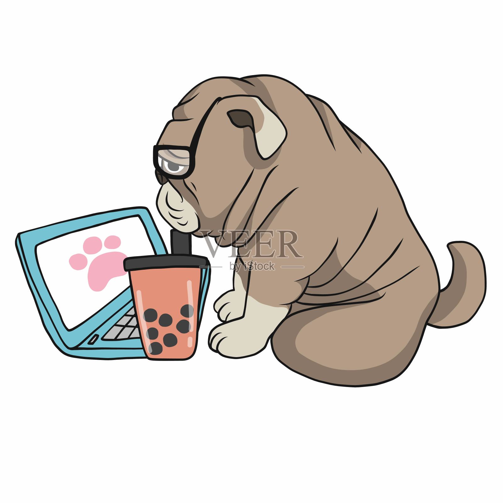 在家工作法国斗牛犬用笔记本电脑和喝冰泡奶茶卡通矢量插图插画图片素材