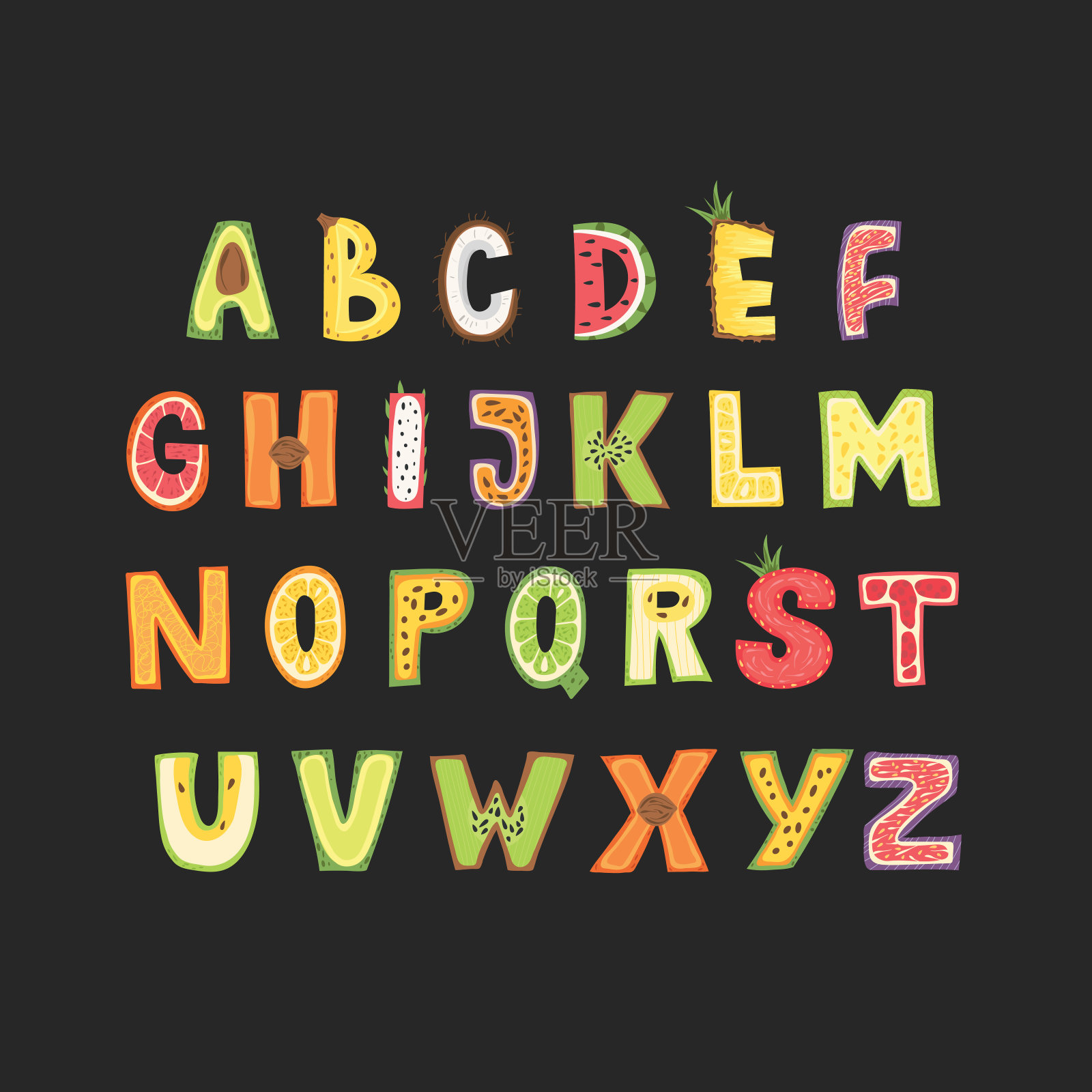 水果字母-字母设计。大写排版设置在斯堪的纳维亚风格。矢量插图。插画图片素材