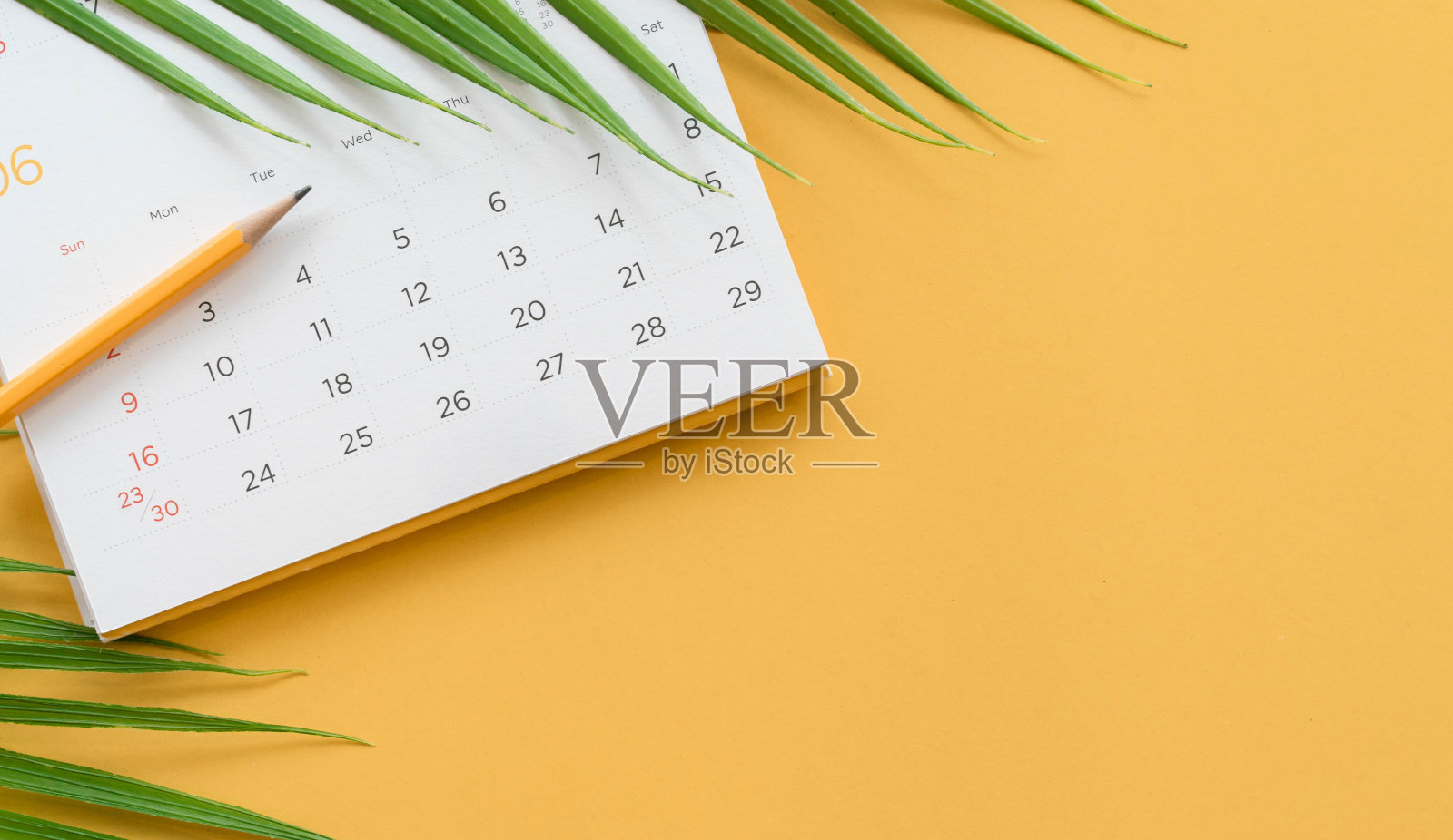 近距离俯瞰白色日历2020与铅笔和热带树叶在黄色桌子的背景计划工作和生活平衡在假期夏季的概念照片摄影图片