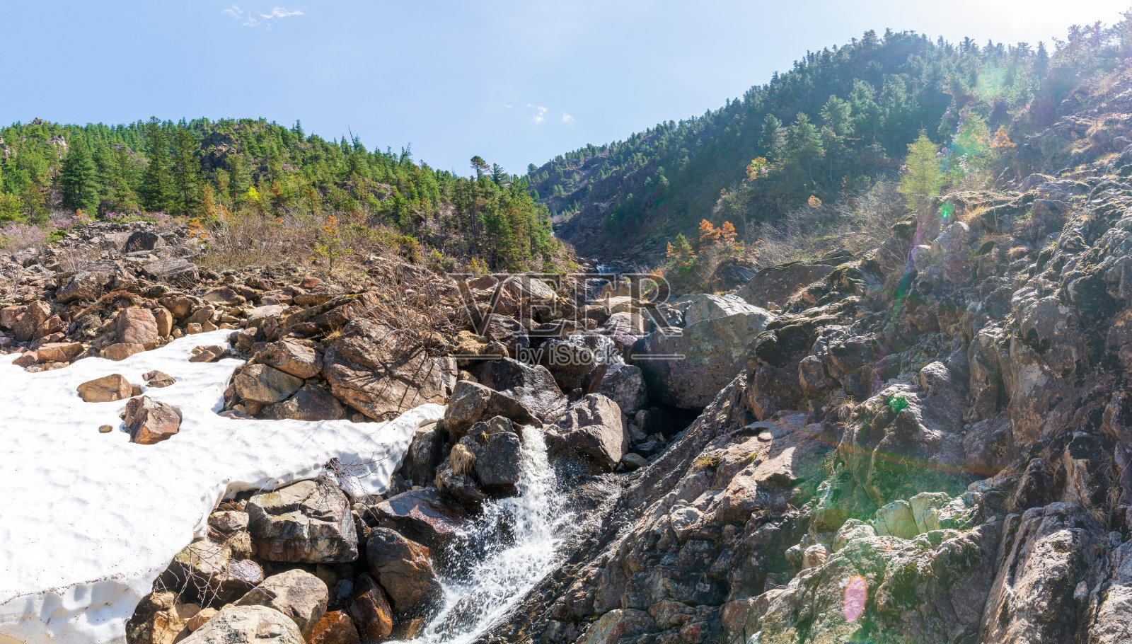 山间真正的天然瀑布。西伯利亚针叶林、俄罗斯照片摄影图片