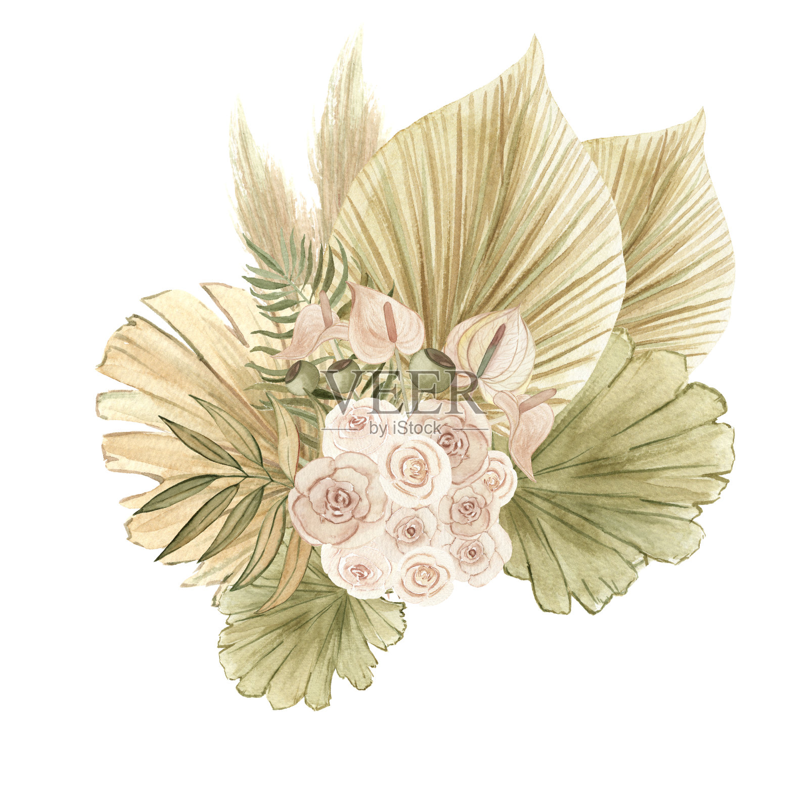 波西米亚花束，干棕榈叶和花。为波西米亚婚礼，新娘淋浴设计插画图片素材