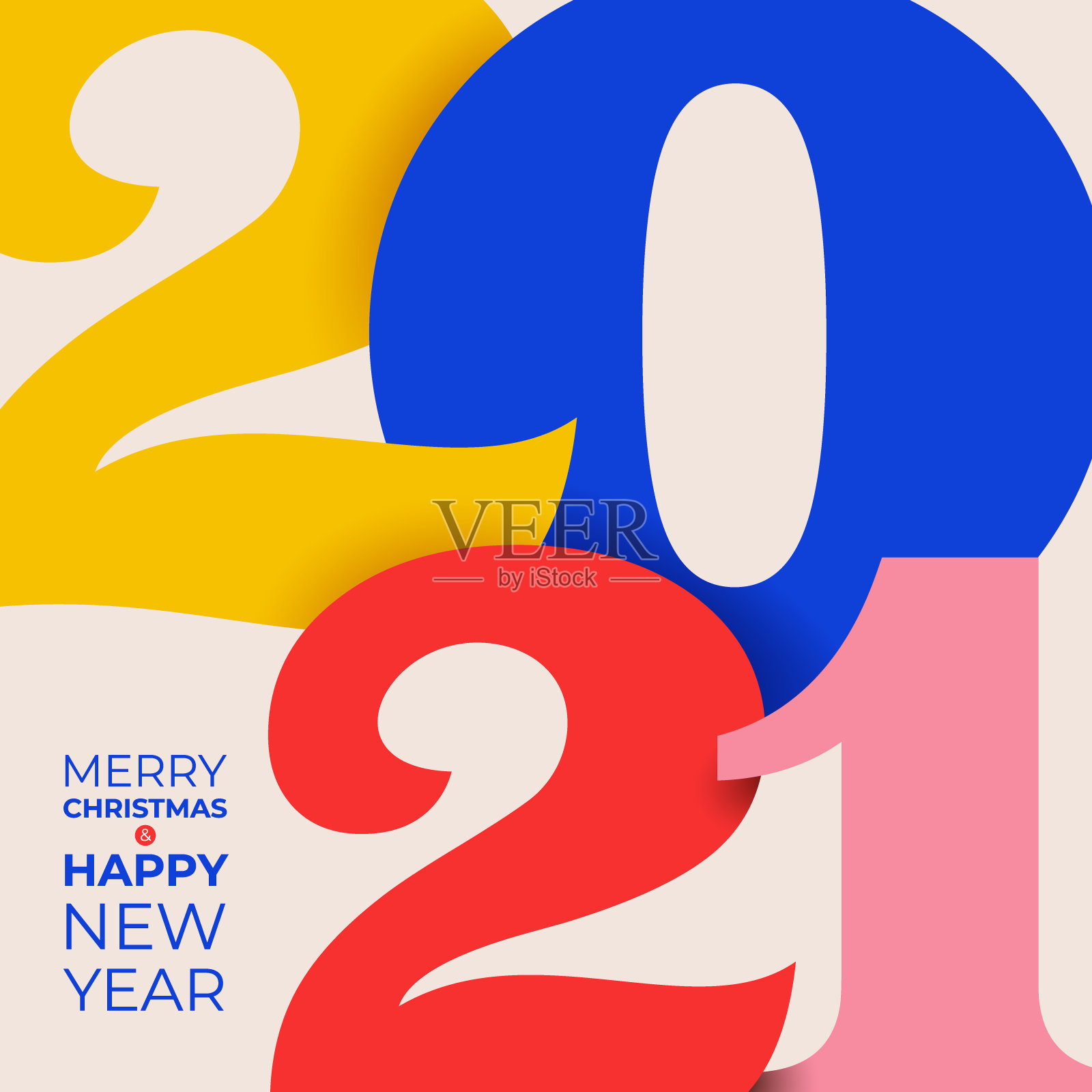彩色2021年新年快乐。优雅的设计多彩的2021标志编号。完美的排版设计和新年庆祝邀请。圣诞节矢量插图。孤立在白色背景上。设计模板素材