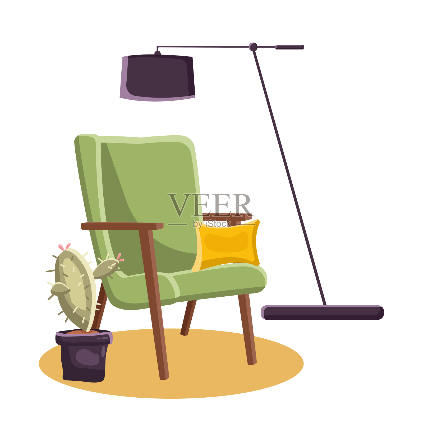 复古风格的椅子与仙人掌和落地灯室内向量插画图片素材
