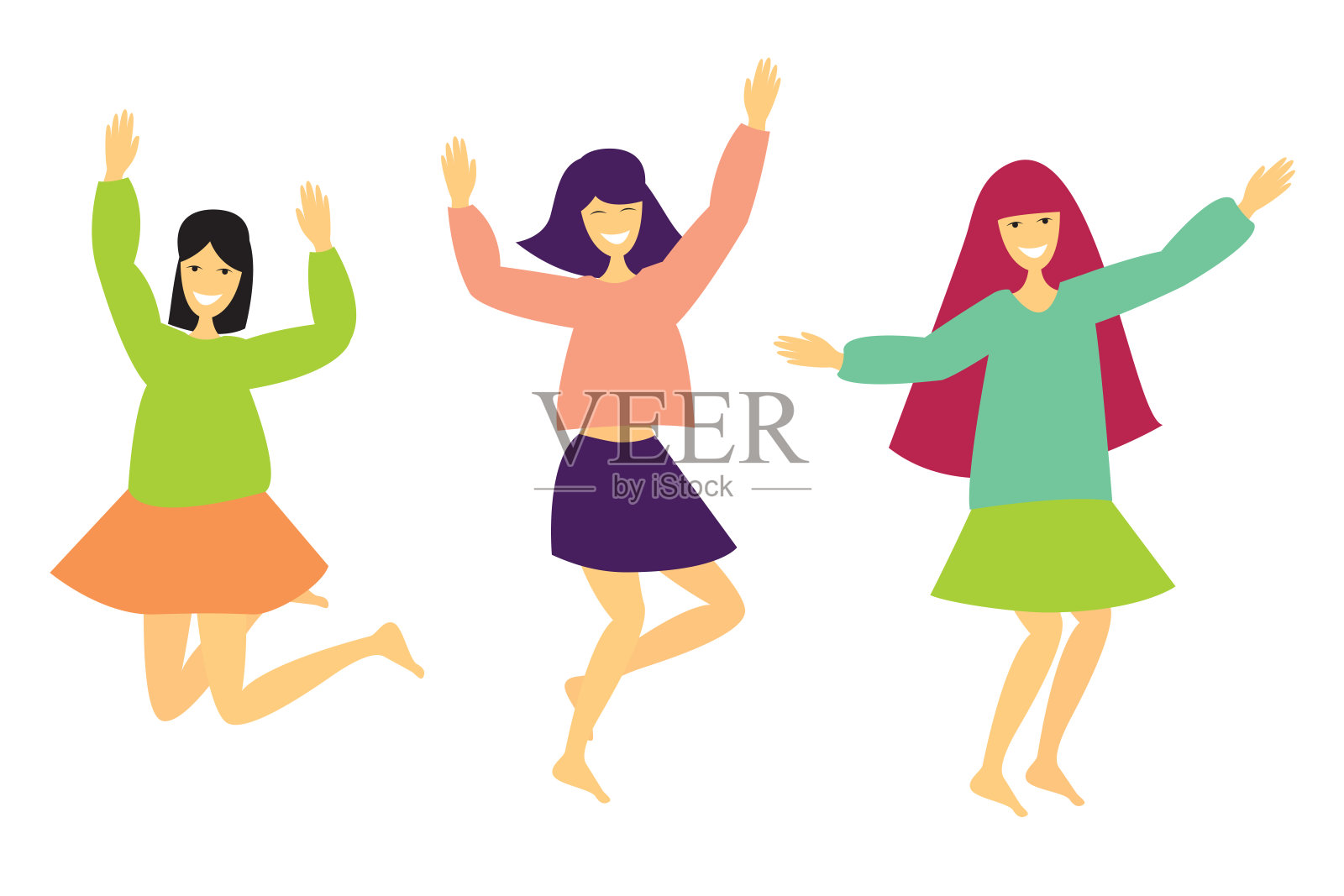 快乐的女孩跳舞和高兴。平坦明亮的矢量插图孤立在白色背景上。插画图片素材