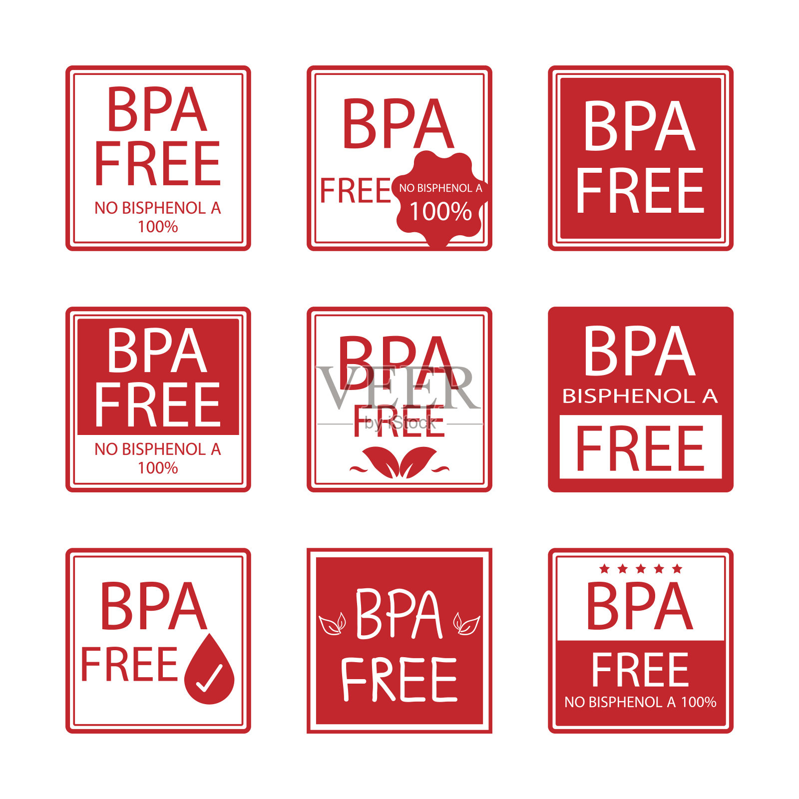 健康和安全的概念购买无BPA标志的塑料。Vector set BPA双酚A flat badge icon for nontoxic plastic。矢量插图。设计元素图片