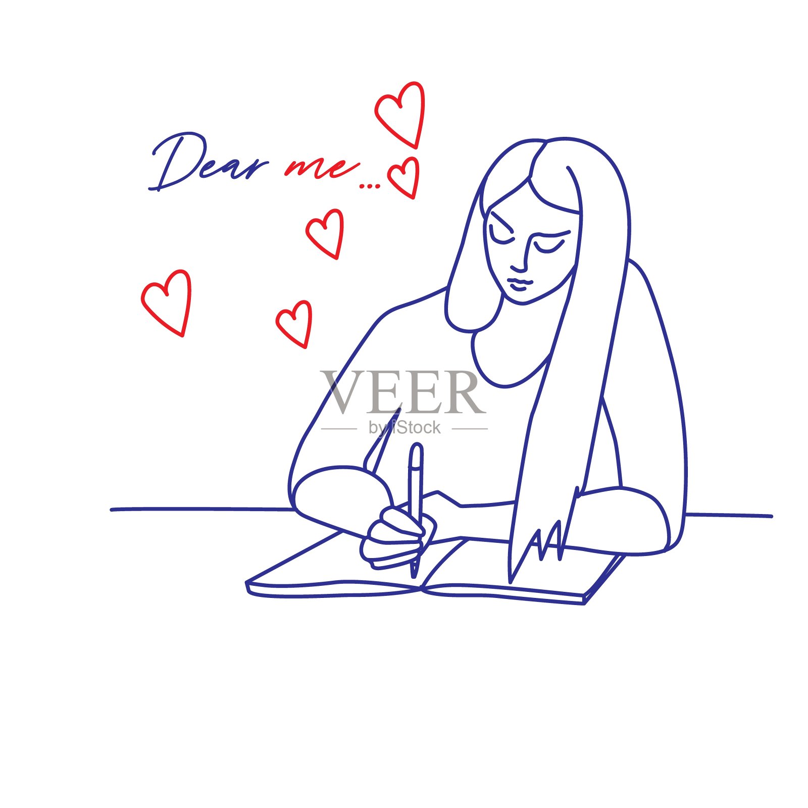 亲爱的我。年轻的女人或女孩坐在书桌前给自己写情书。矢量插图字符，卡通，轮廓，细墨线，线性，简约极简风格。设计元素图片