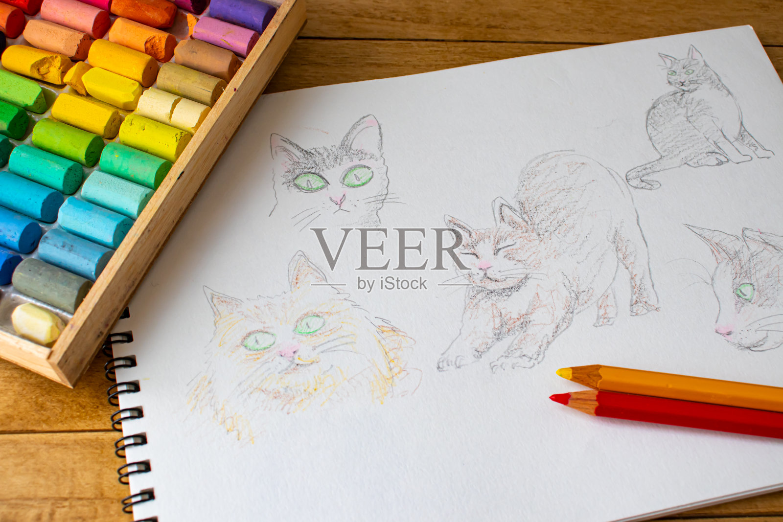 蜡笔和猫画在速写本。插画图片素材