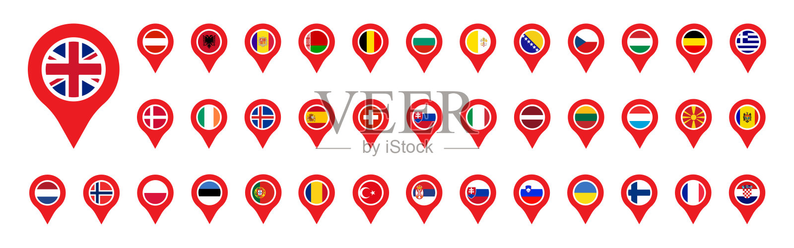 定位与旗帜的欧洲设置孤立的图标在平面，矢量插图插画图片素材
