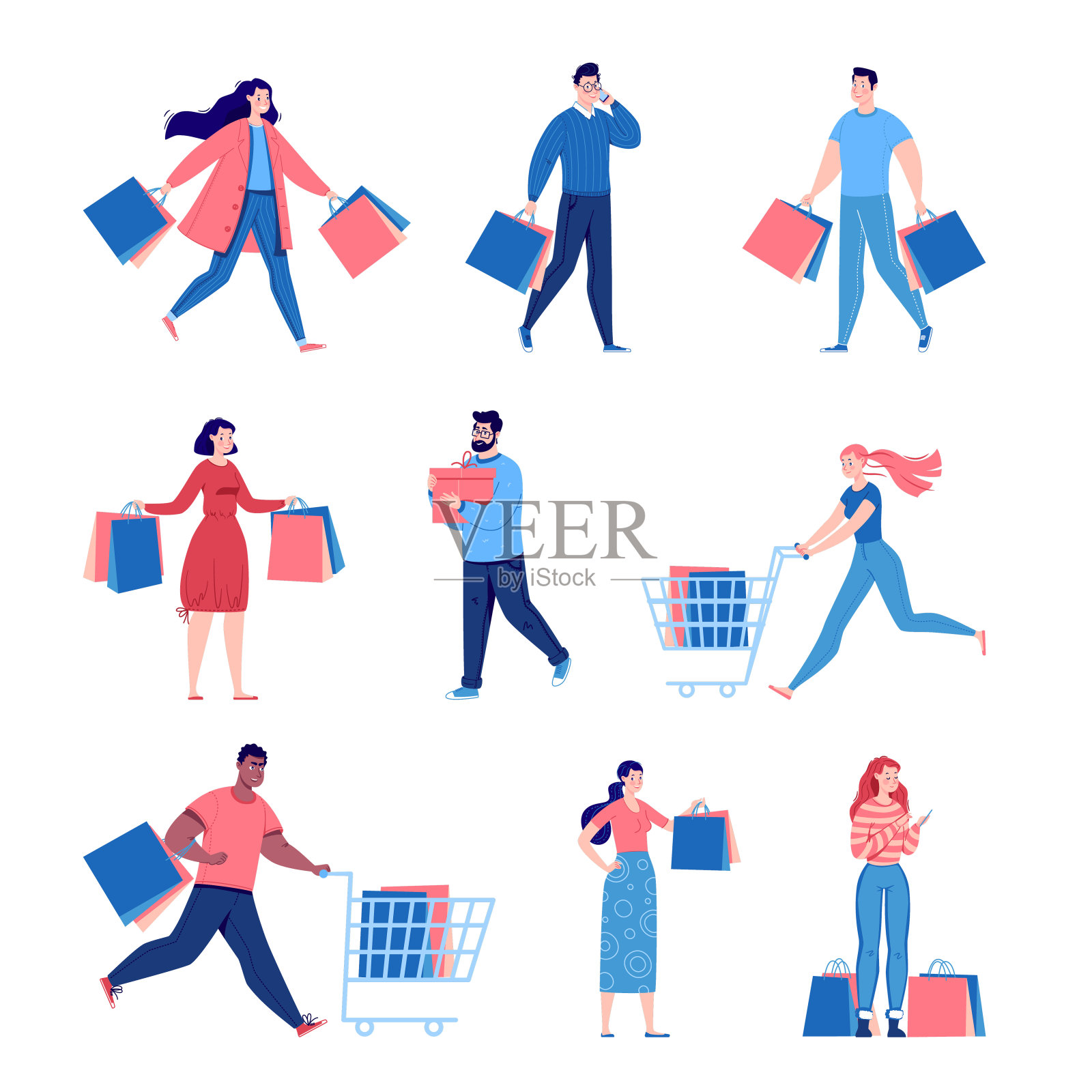 一群在大减价时购物的人。男人和女人拿着购物袋。插画图片素材