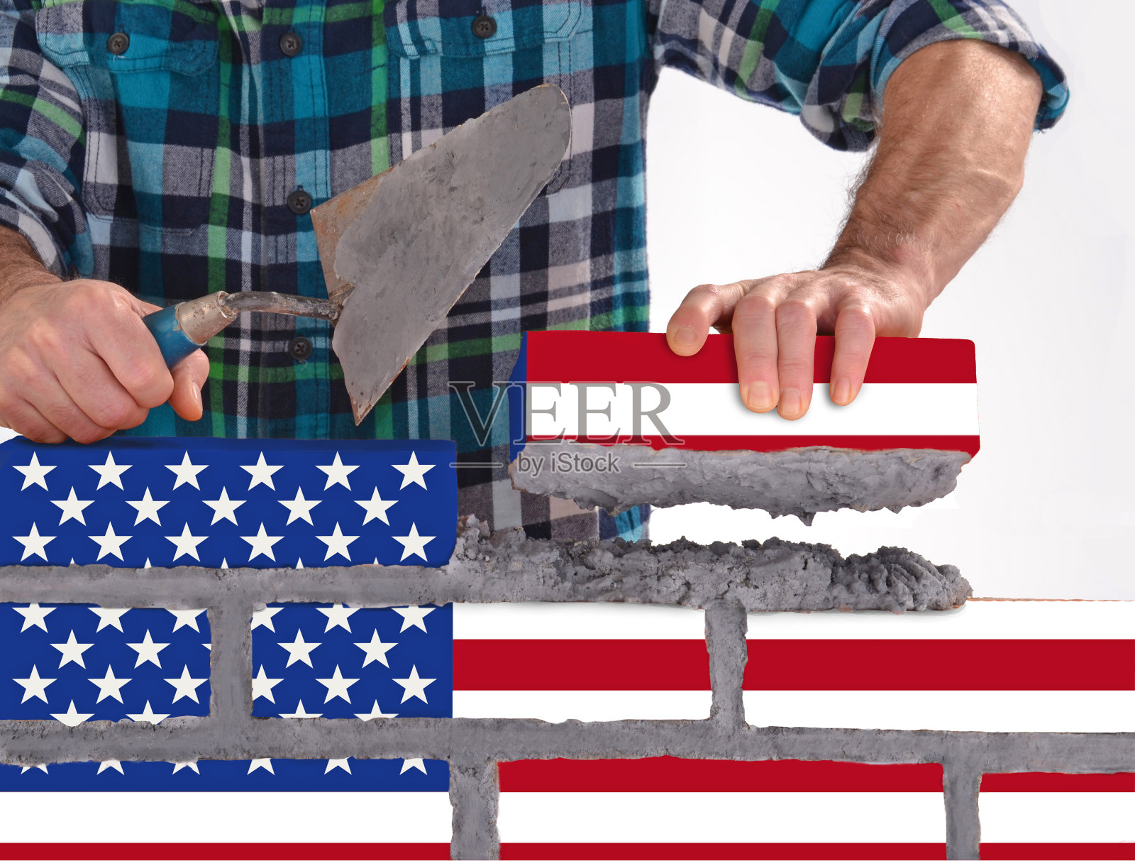 工人建造美国墙旗照片摄影图片