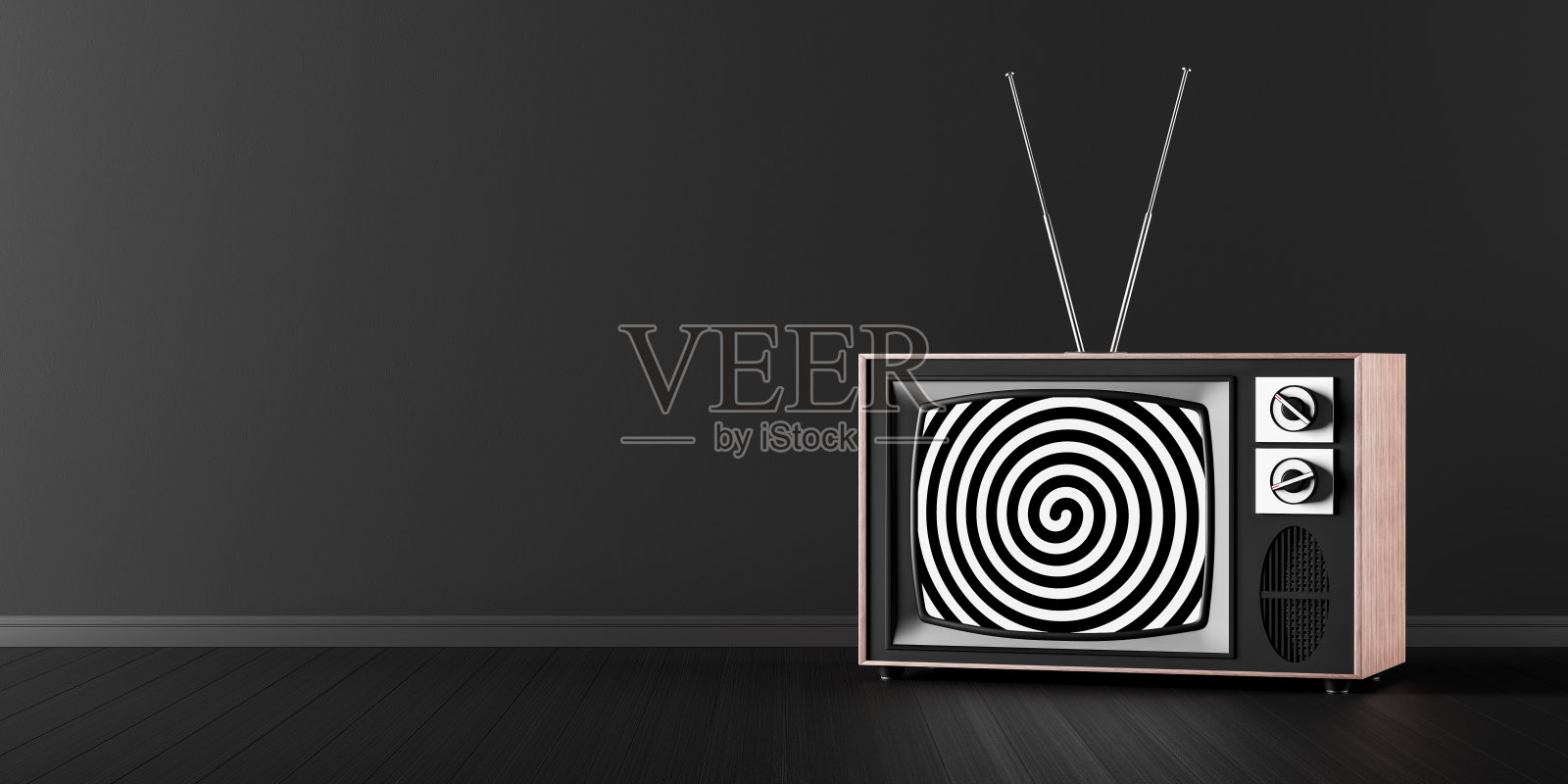 经典复古电视地板上的黑色房间带有螺旋错觉。洗脑概念3d渲染照片摄影图片