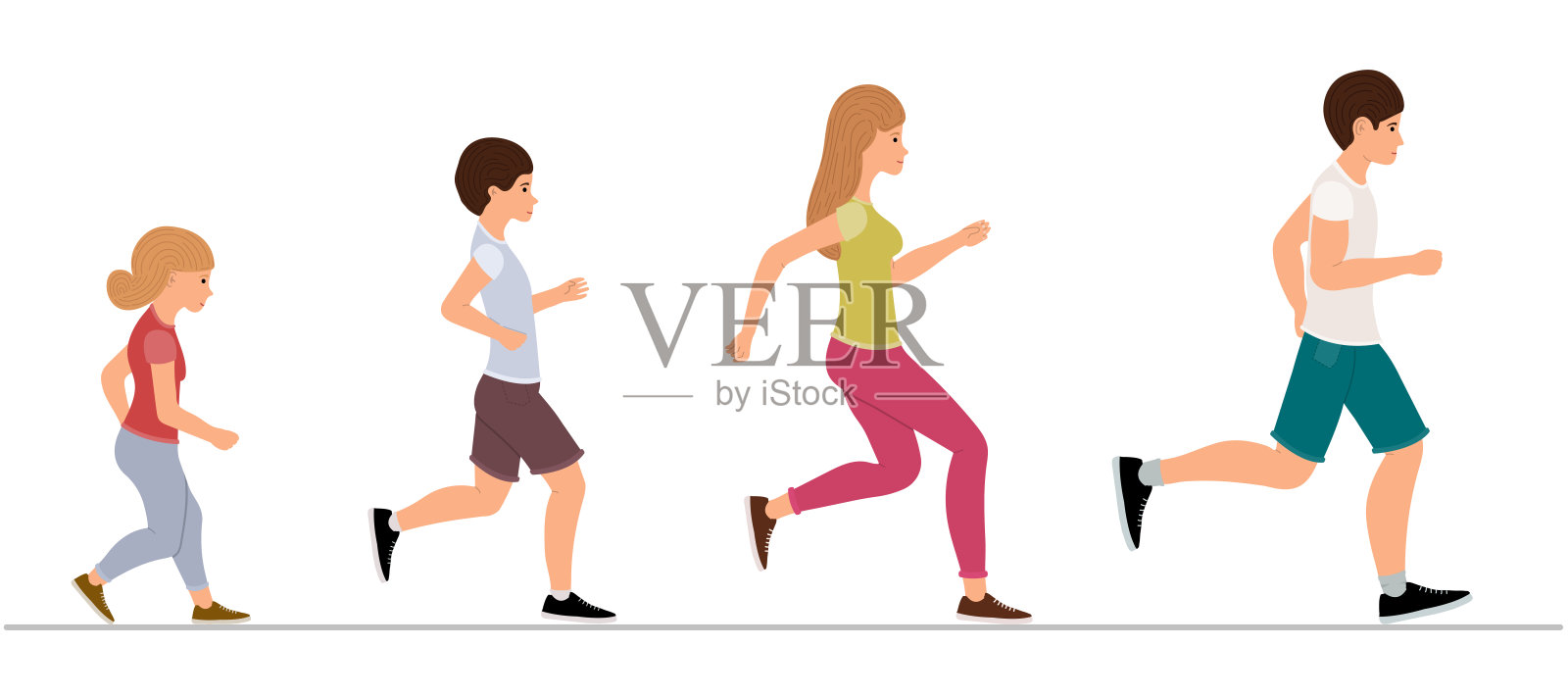 家庭慢跑，健康的生活方式。男人，女人，男孩和女孩都在跑。父亲，母亲，儿子和女儿一起跑。积极的生活方式。矢量插图卡通风格设计元素图片