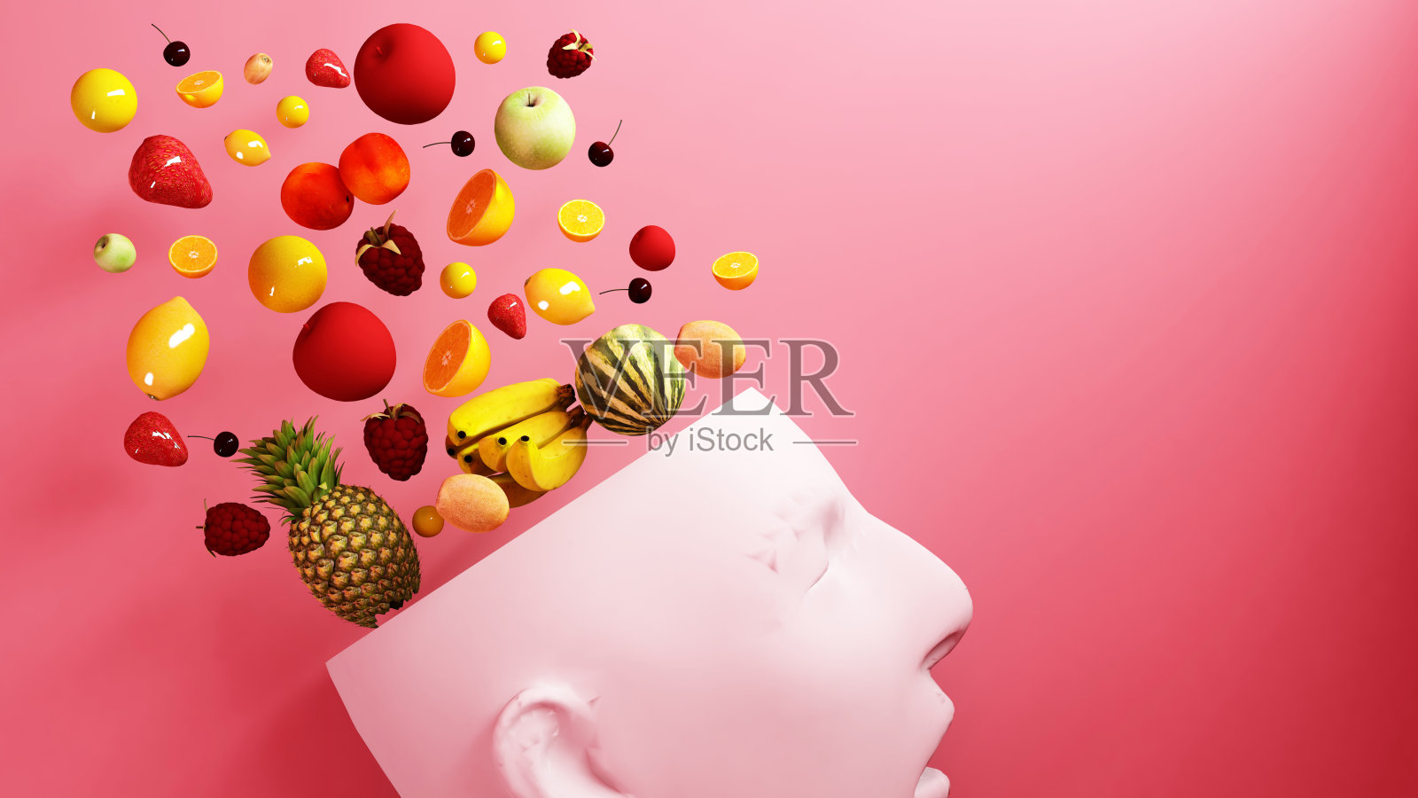 各种水果在白色的头部在蓝色的背景-设计人类思维艺术品的健康- 3d渲染照片摄影图片