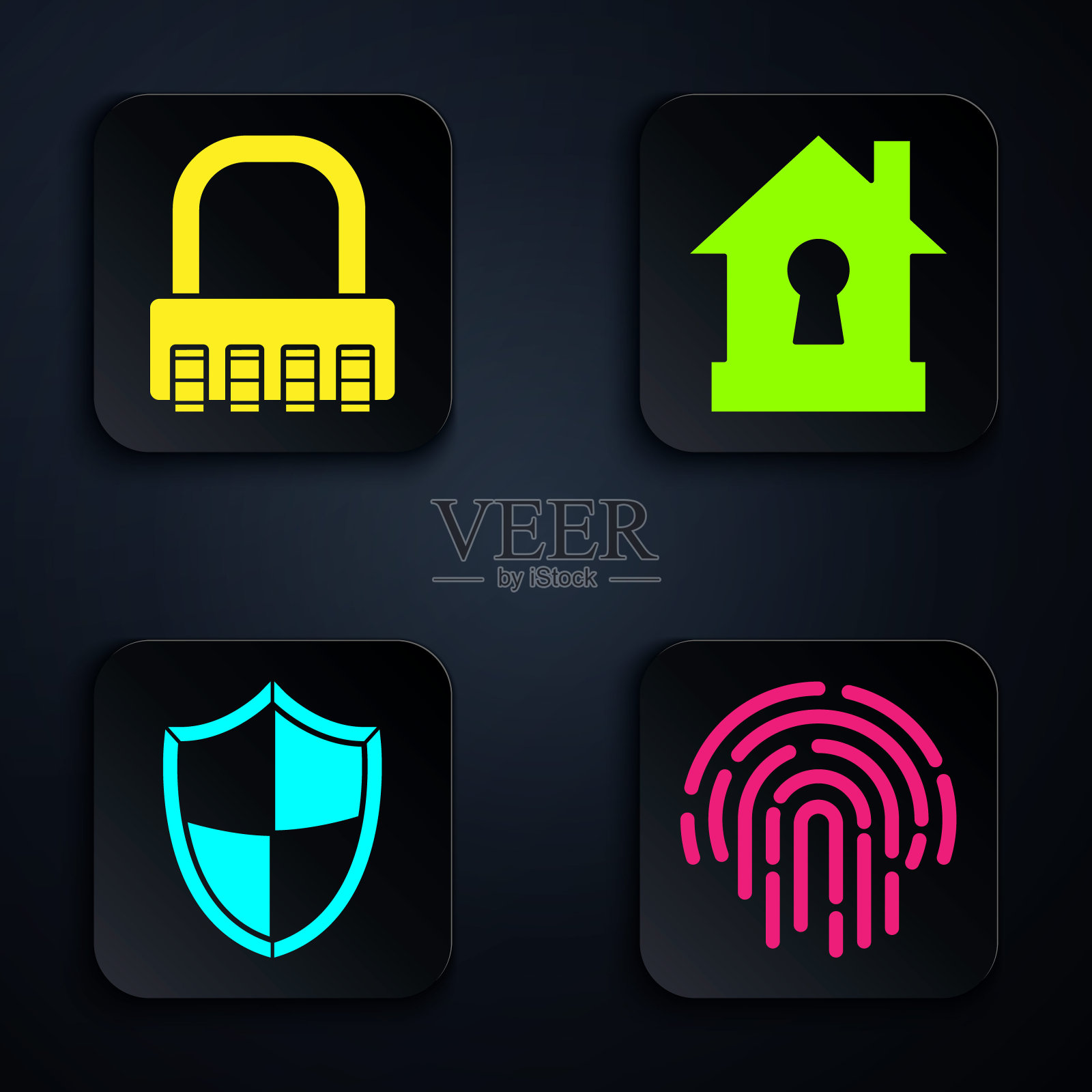 设置指纹，安全密码锁，防护罩和房屋保护。黑色方形按钮。向量图标素材
