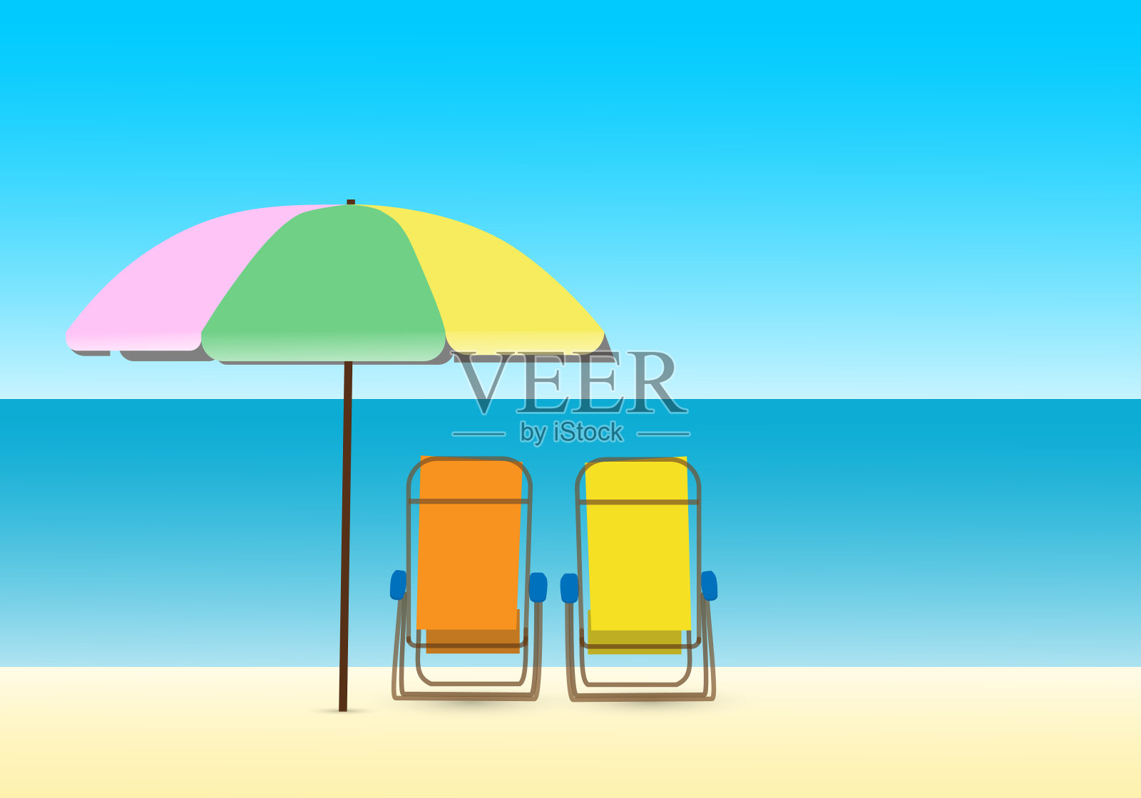 沙滩上有两把沙滩椅和一把雨伞。插画图片素材