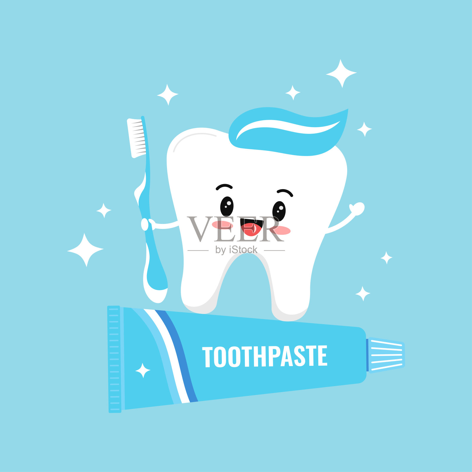 可爱的白牙表情，拿着牙刷站在牙膏上。插画图片素材
