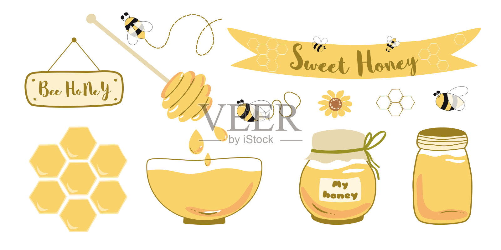 蜂蜜瓶蜜蜂木勺碗文字甜蜂蜜在丝带蜜蜂蜂房手绘插图插画图片素材
