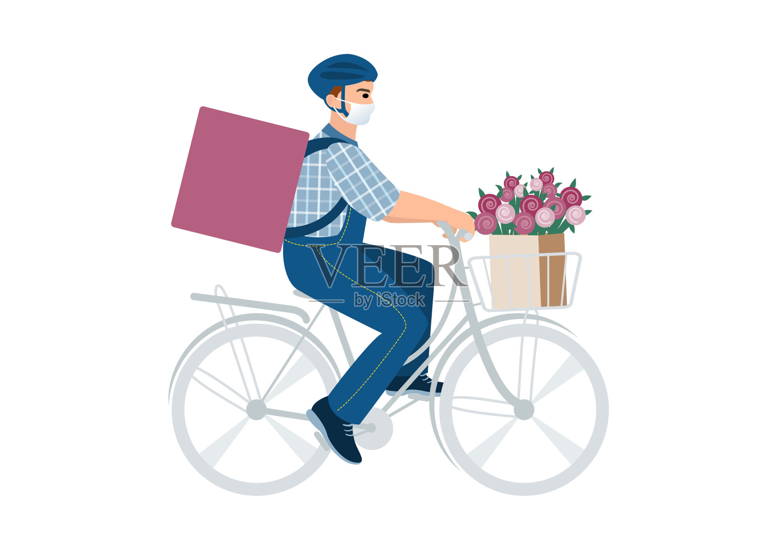 戴着口罩的志愿者驾驶自行车。社工送包裹，送花。高级护理。快递员拿着包裹盒子。在线服务交付。背包和头盔的快递员。插画图片素材