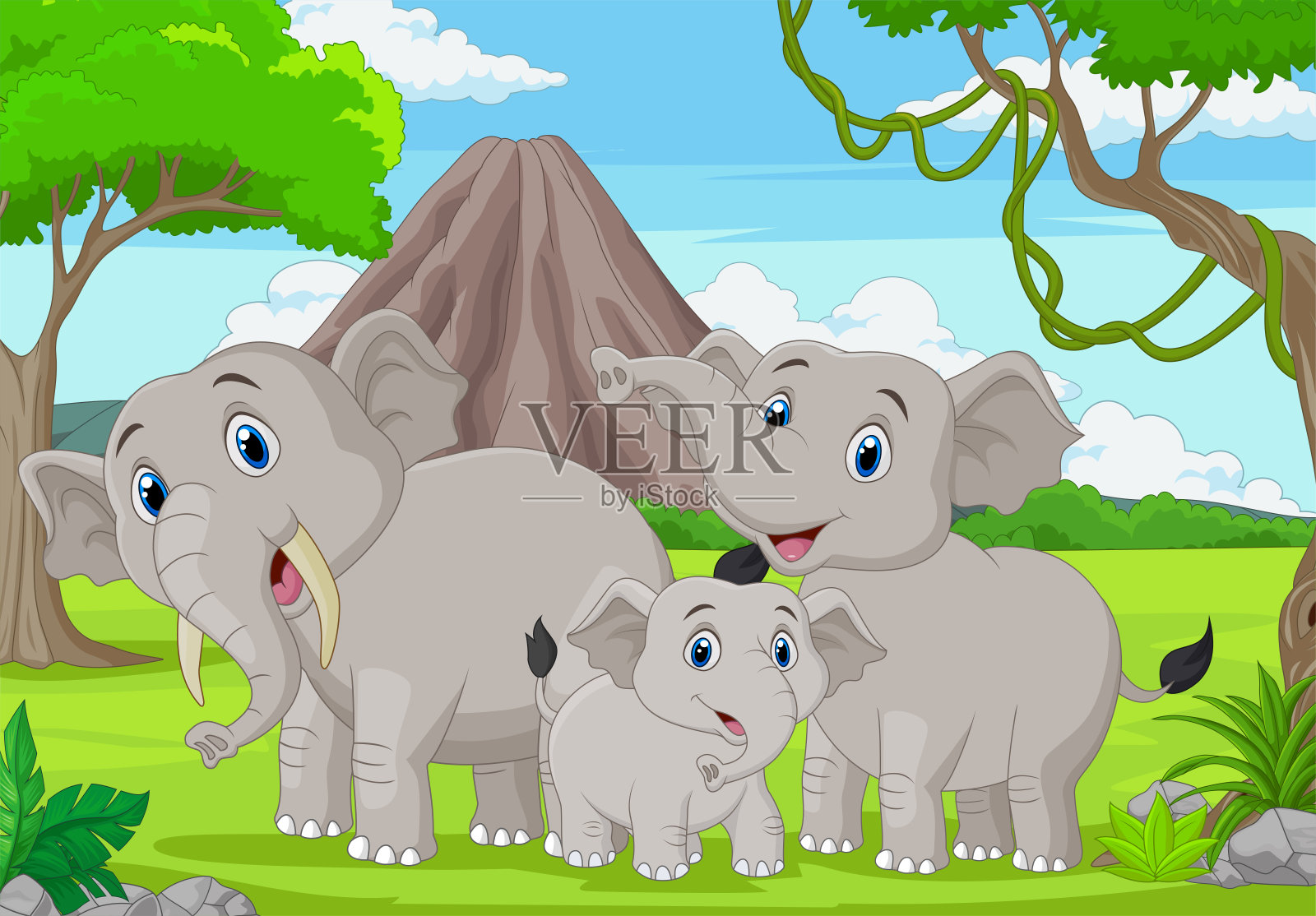 卡通大象在丛林里插画图片素材