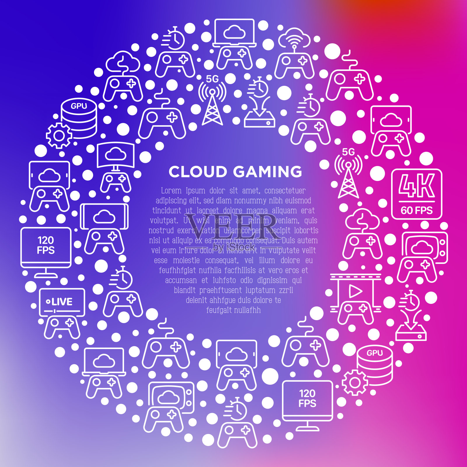 圈中的云游戏概念，细线图标:在笔记本电脑上玩，120帧/秒，低延迟的游戏玩法，手柄，wi-fi，即时安装，直播，游戏控制器，5G技术。矢量插图。插画图片素材