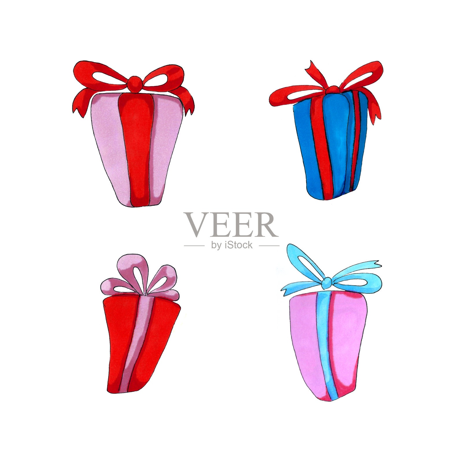 圣诞套装四个彩色礼品盒与丝带。插画图片素材