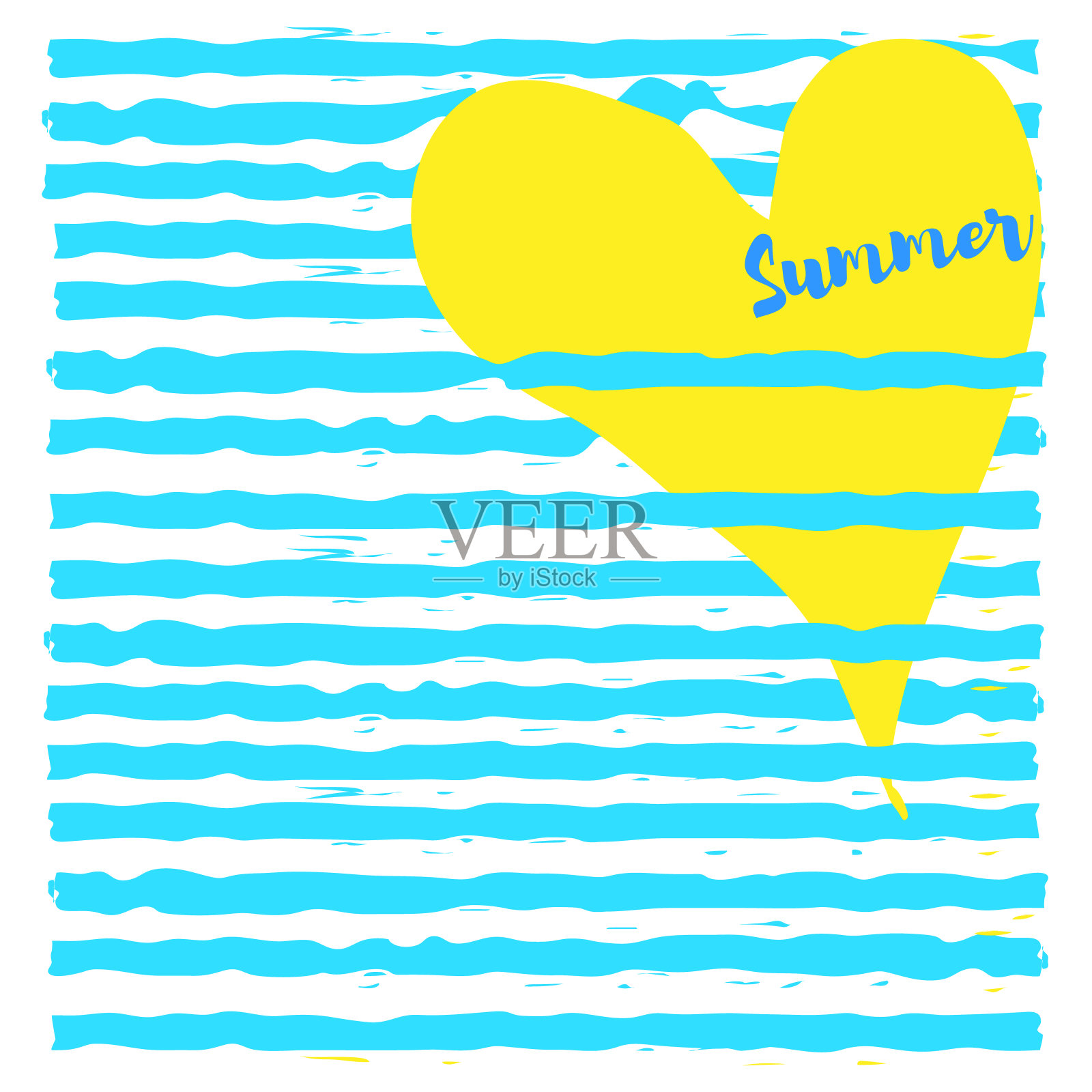 夏天的概念。黄色心形配蓝色条纹。矢量图插画图片素材