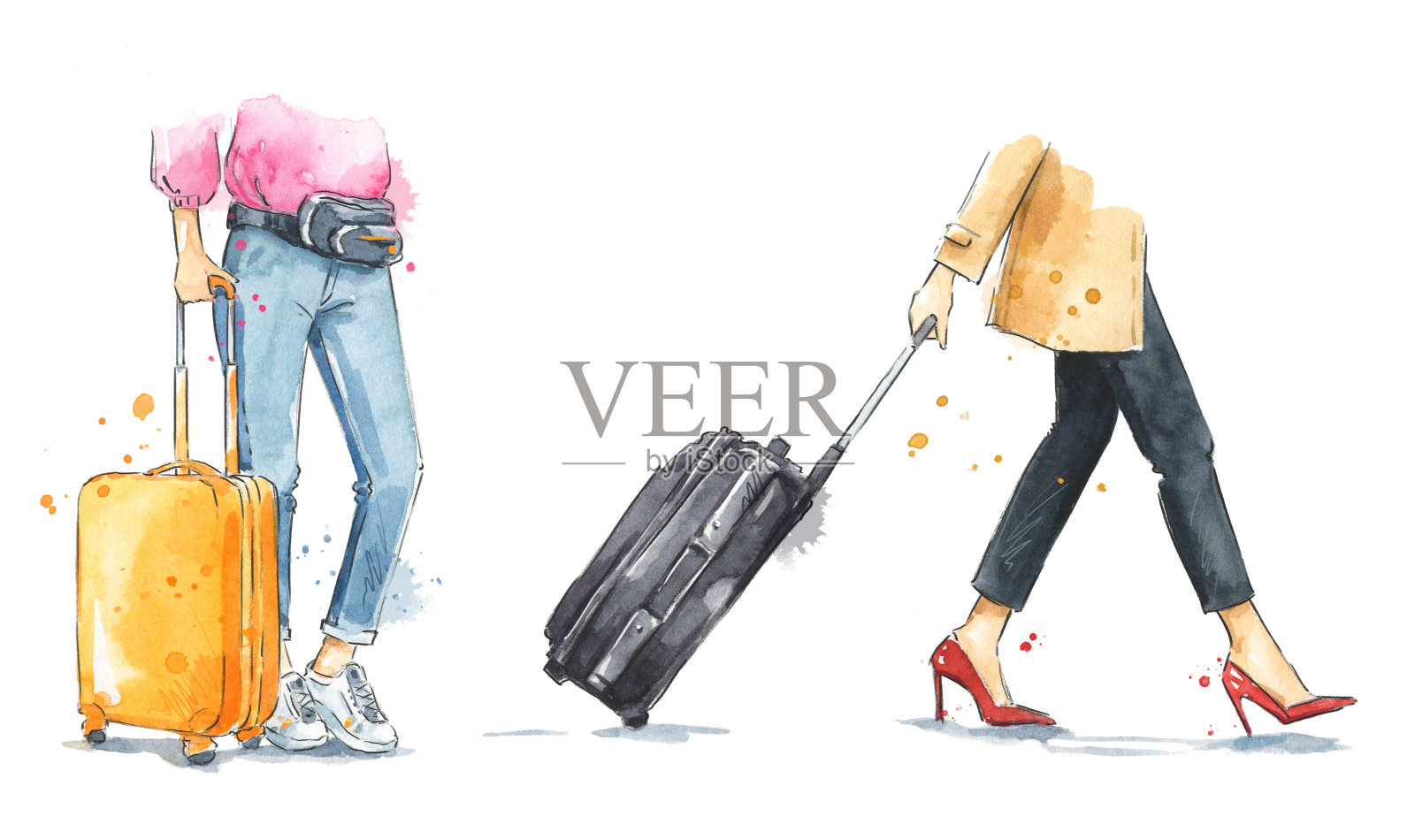 妇女带着带轮子的行李箱走路。行李水彩插图插画图片素材