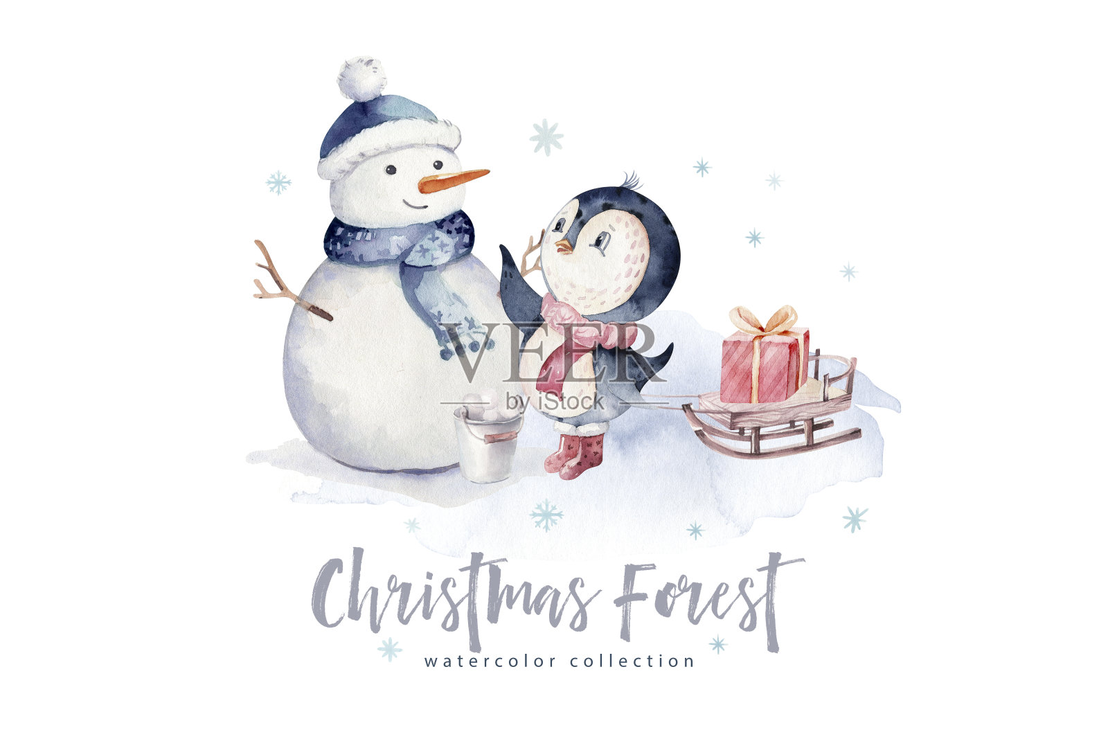 水彩圣诞快乐人物企鹅和雪人插图。寒假卡通孤立可爱有趣的动物设计卡。雪花假日季节，圣诞企鹅。插画图片素材