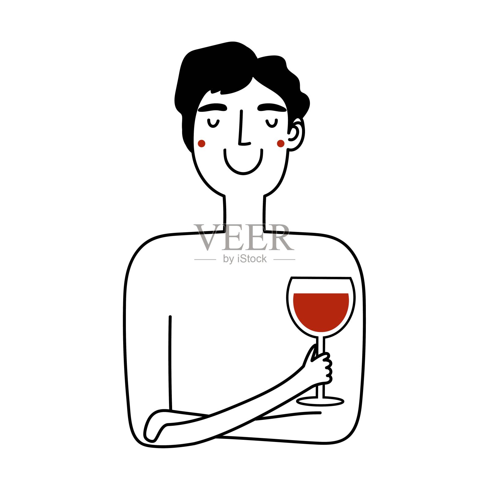 矢量插画与涂鸦风格的男人与一杯红酒。插画图片素材
