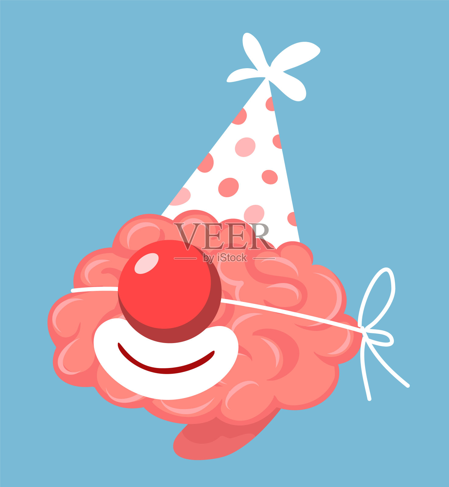 矢量假日插图粉红色聪明的人类大脑与生日帽子和红色小丑鼻子在蓝色背景。插画图片素材