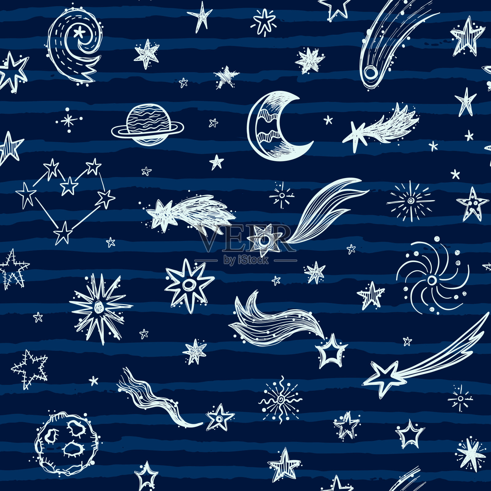 恒星，彗星和行星在蓝色背景无缝模式插画图片素材