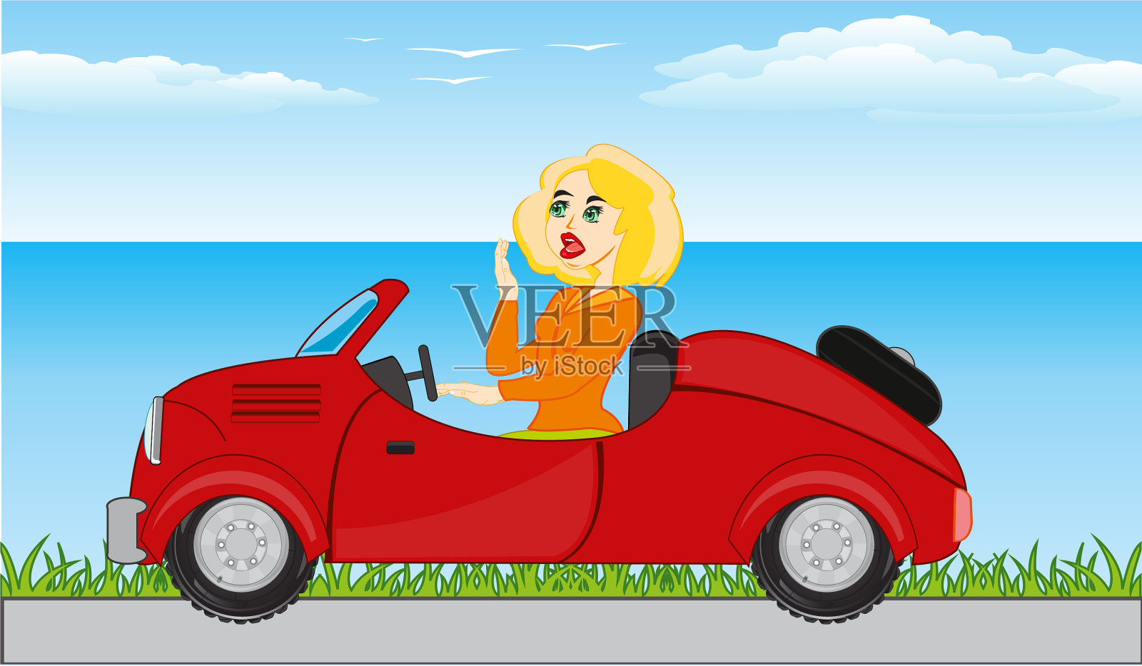 女孩在海边的路上开车插画图片素材