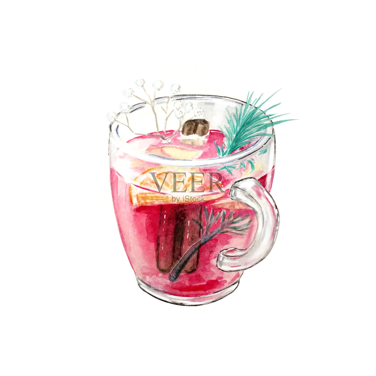 圣诞饮料图案与水彩飞溅和污渍，插图孤立在白色背景。热葡萄酒或木槿茶与香料，橘子，肉桂棒和一些装饰插画图片素材