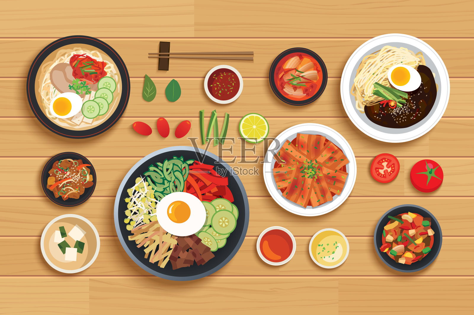 韩国食物设置在俯视图木制桌子的背景。插画图片素材