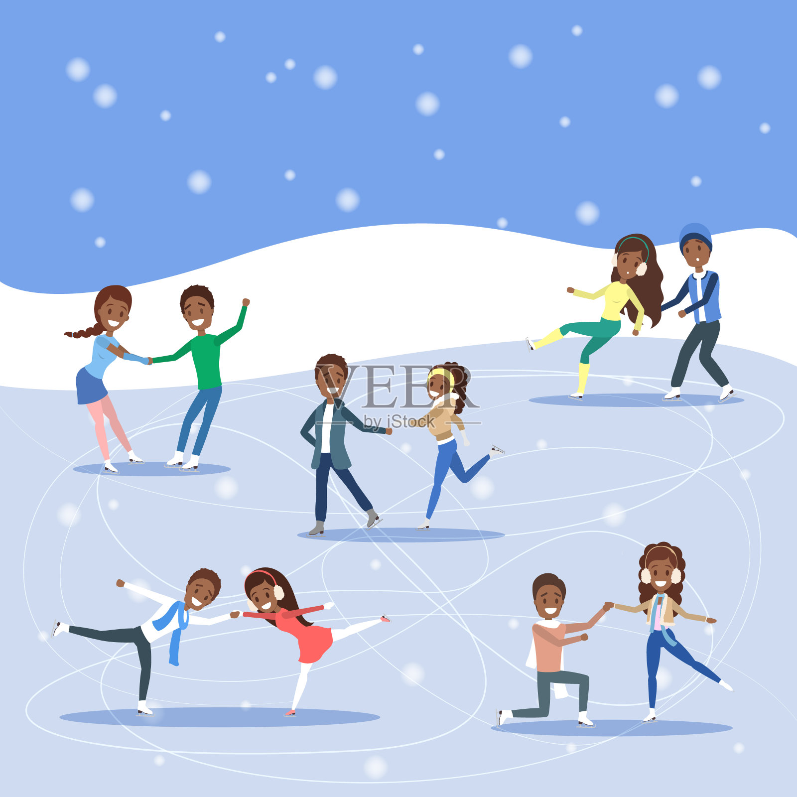 可爱浪漫的情侣一起在户外滑冰。冬季活动和职业运动。插画图片素材