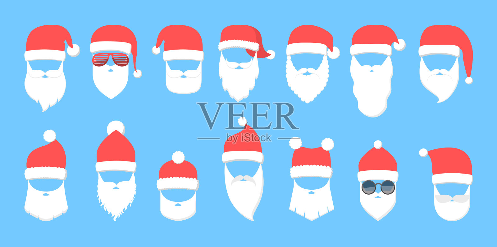戴着红帽子和白胡子的圣诞老人面具。圣诞派对面具的收藏。插画图片素材