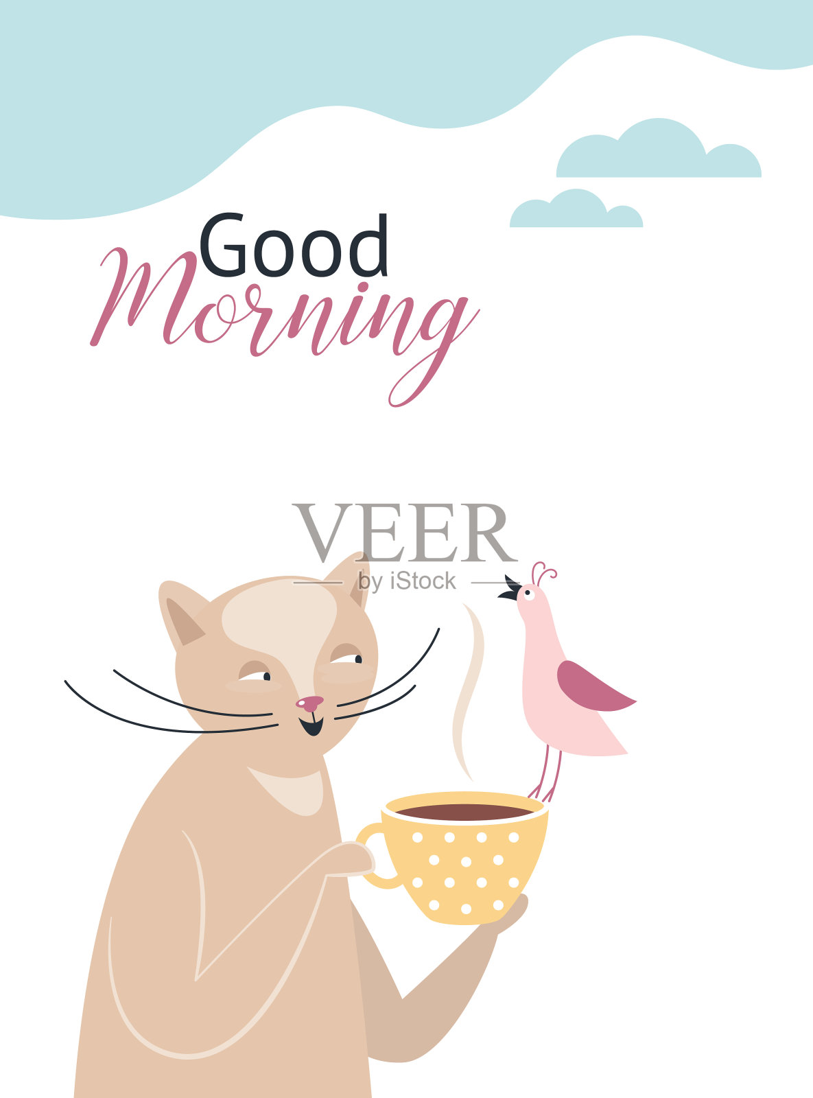 早上好，贺卡设计。生日快乐卡。可爱的猫，茶杯和小鸟。插画图片素材