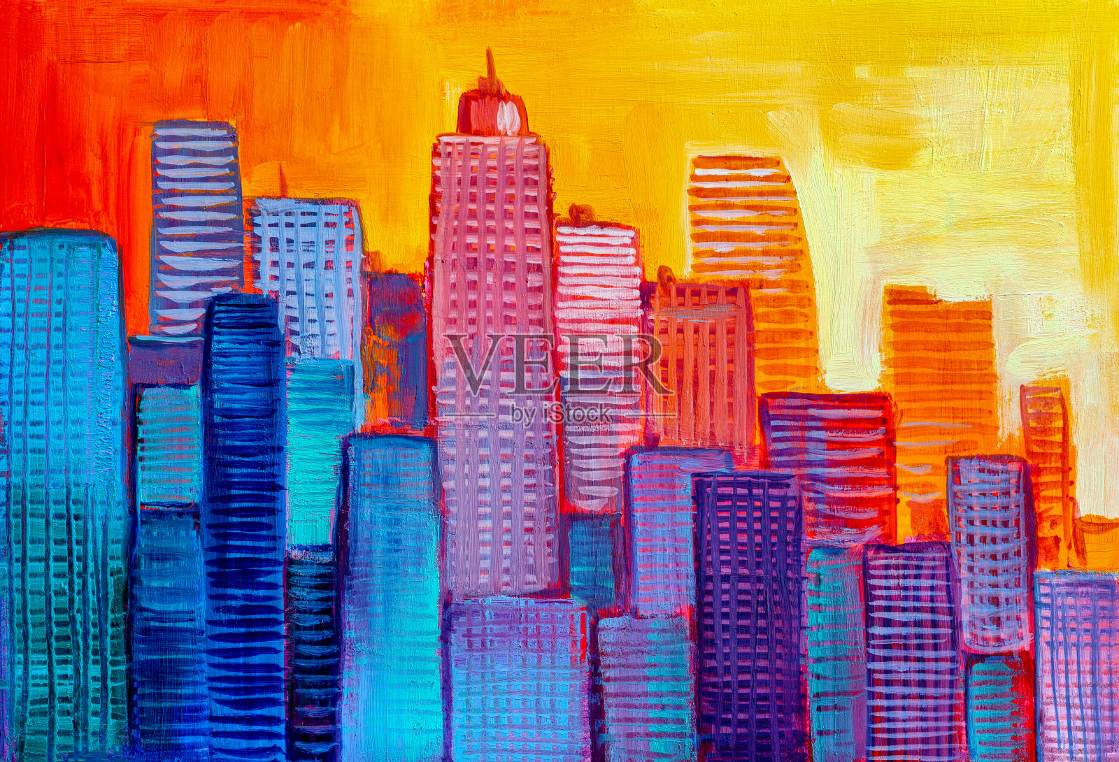 摩天大楼的艺术绘画。抽象风格。城市全景。插画图片素材