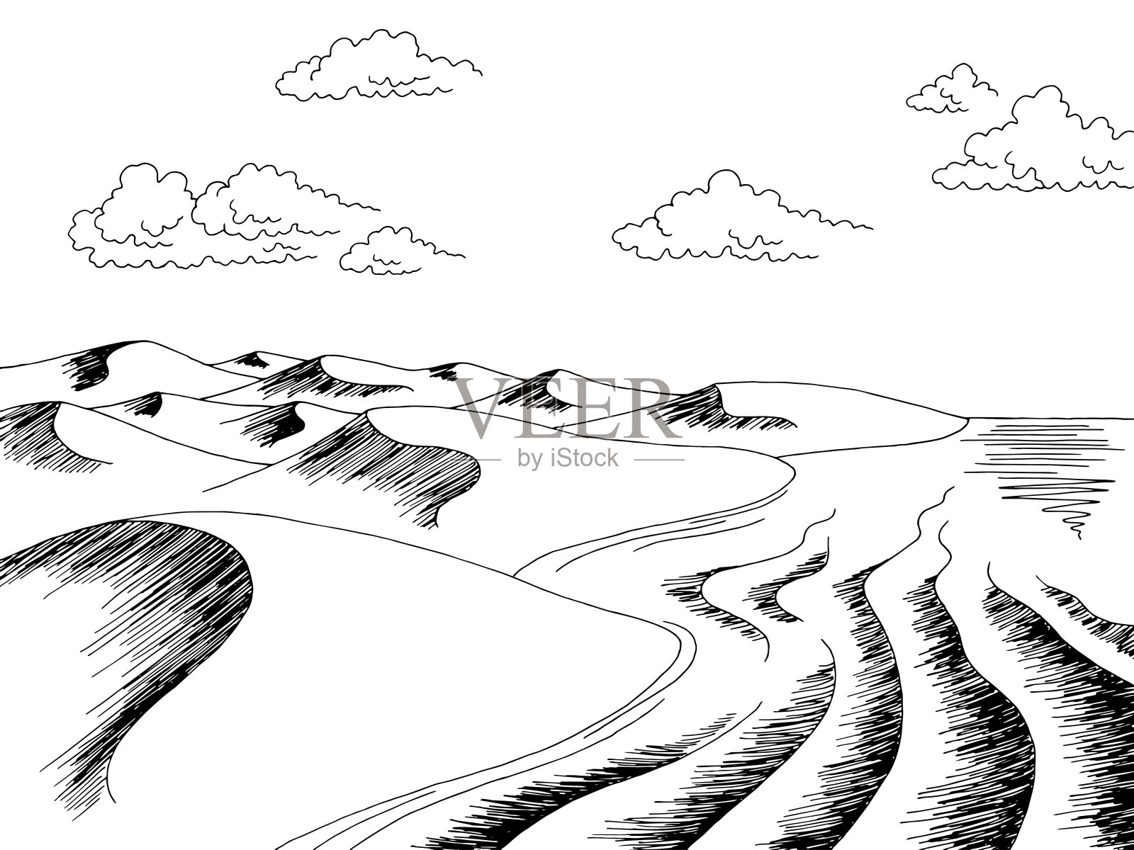 沙漠海岸图形黑白景观素描插图向量设计元素图片