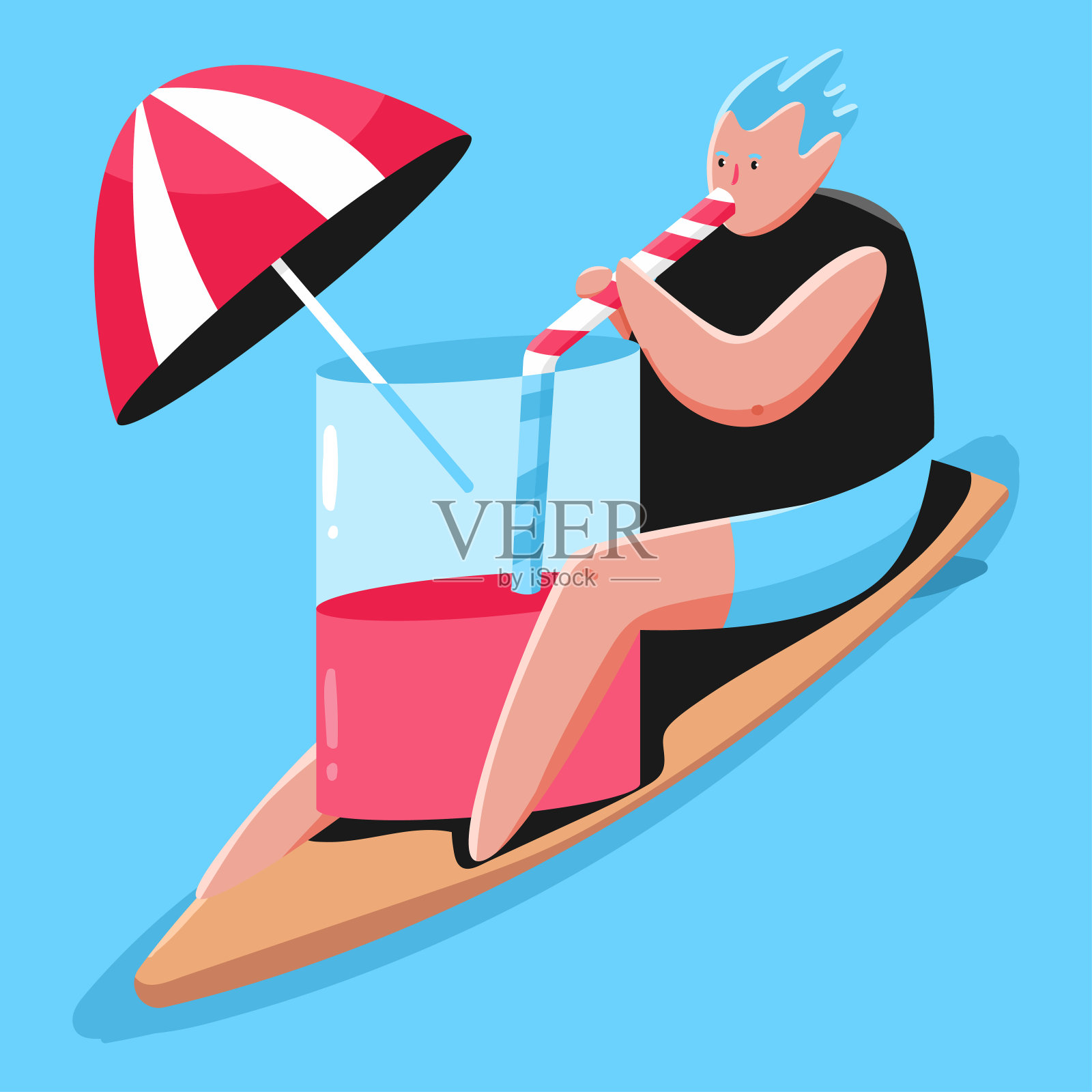 夏季插图与冲浪者喝鸡尾酒矢量孤立的背景。插画图片素材
