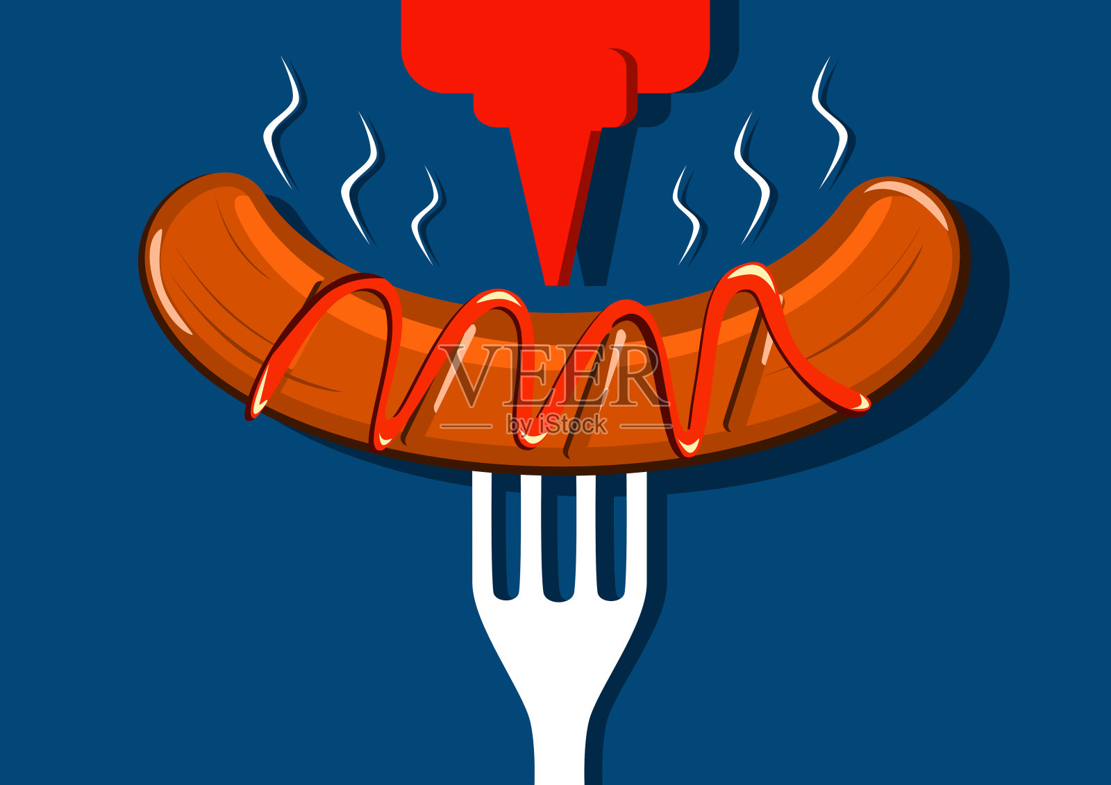 叉子配烤香肠和番茄酱瓶子插画图片素材