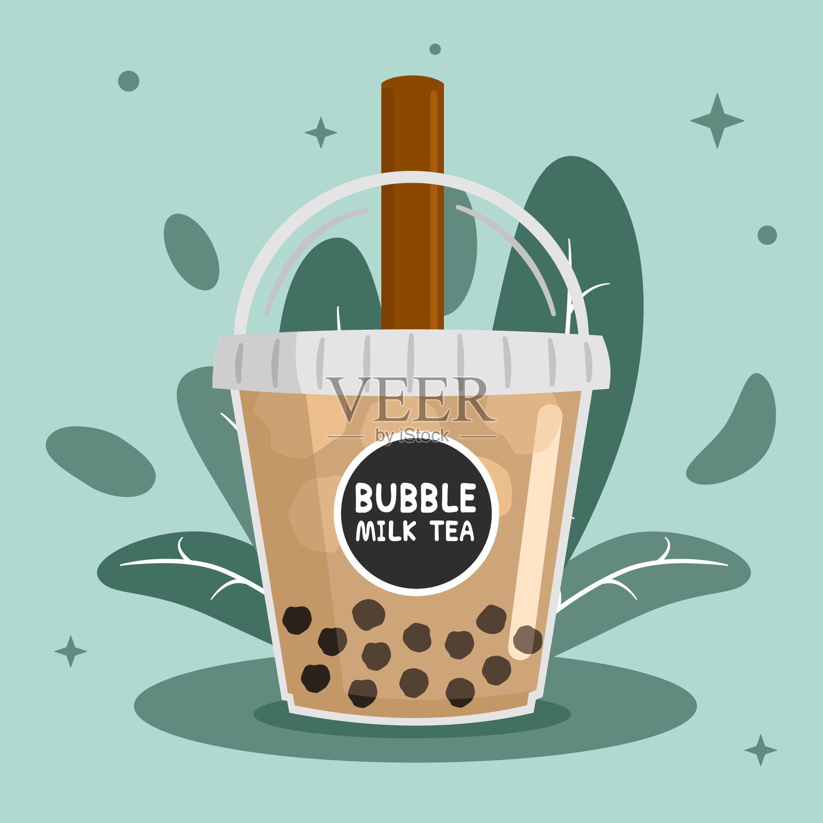 用棕色吸管泡奶茶，用带有树叶和绿色背景的塑料杯盛冰。矢量插画平面设计。插画图片素材