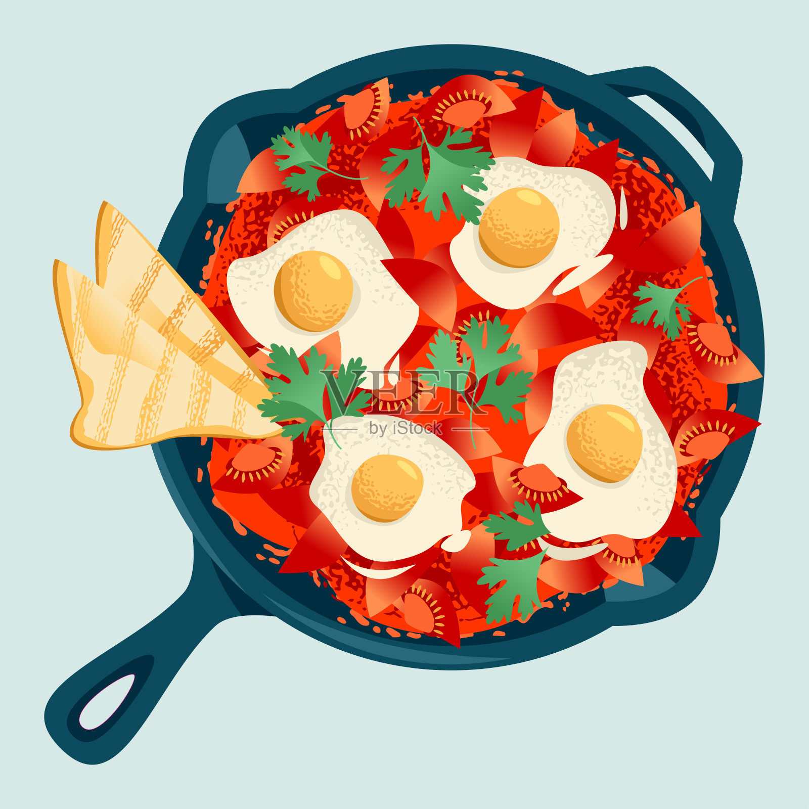 沙克舒卡，一种用番茄沙司煮鸡蛋做成的菜肴，用铸铁锅和面包一起吃。插画图片素材