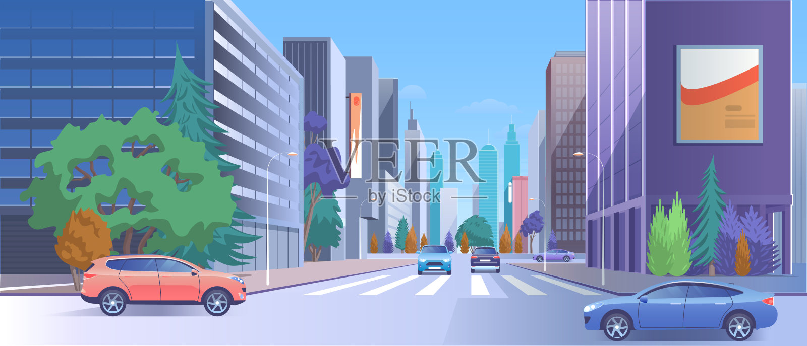 城市街道市中心矢量插画，卡通3d城市城市景观与道路上的汽车交通，豪华现代摩天大楼与商店和广告牌插画图片素材